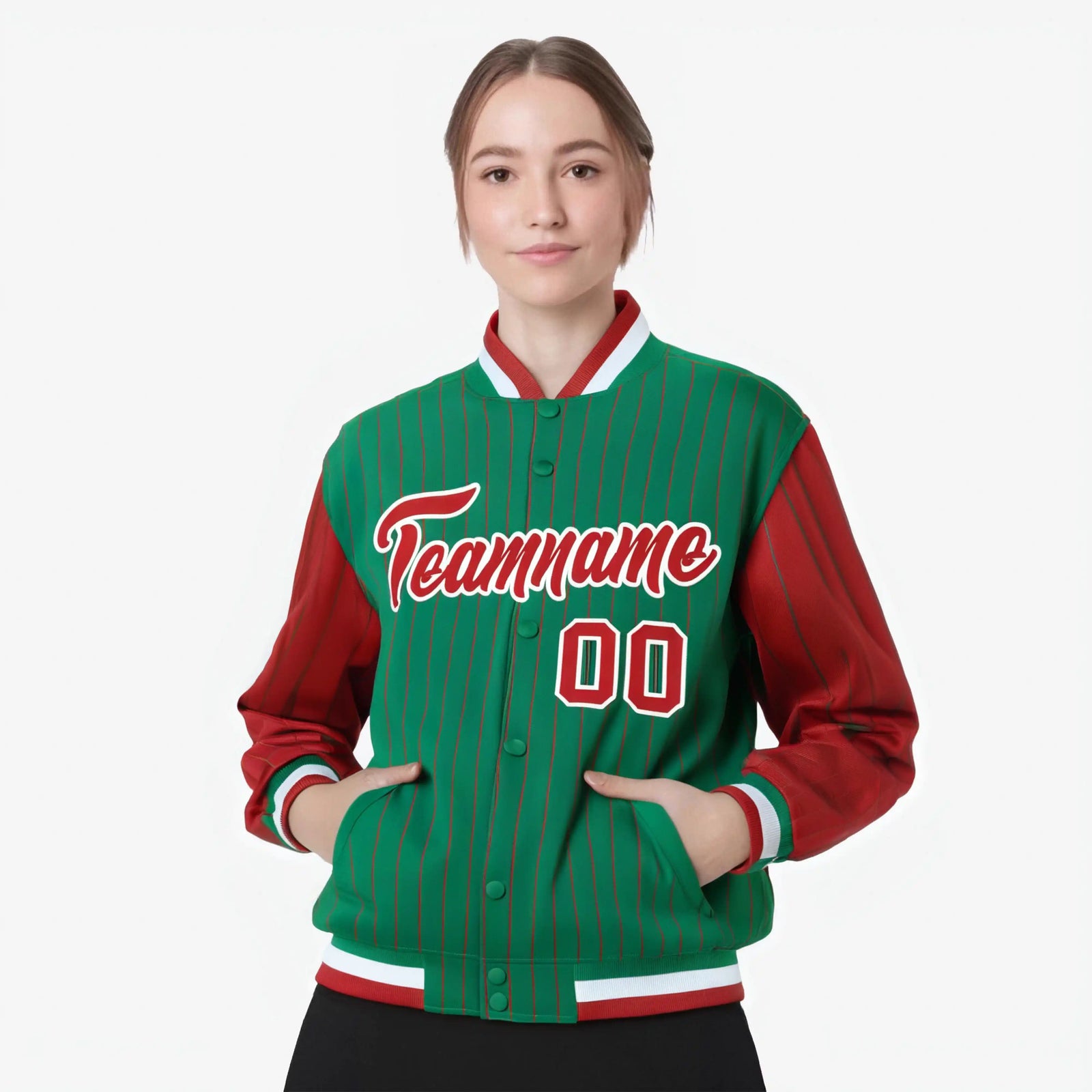 Custom Green Red-Green Personalized Stripe Fashion Letterman Bomber Varsity Jacket