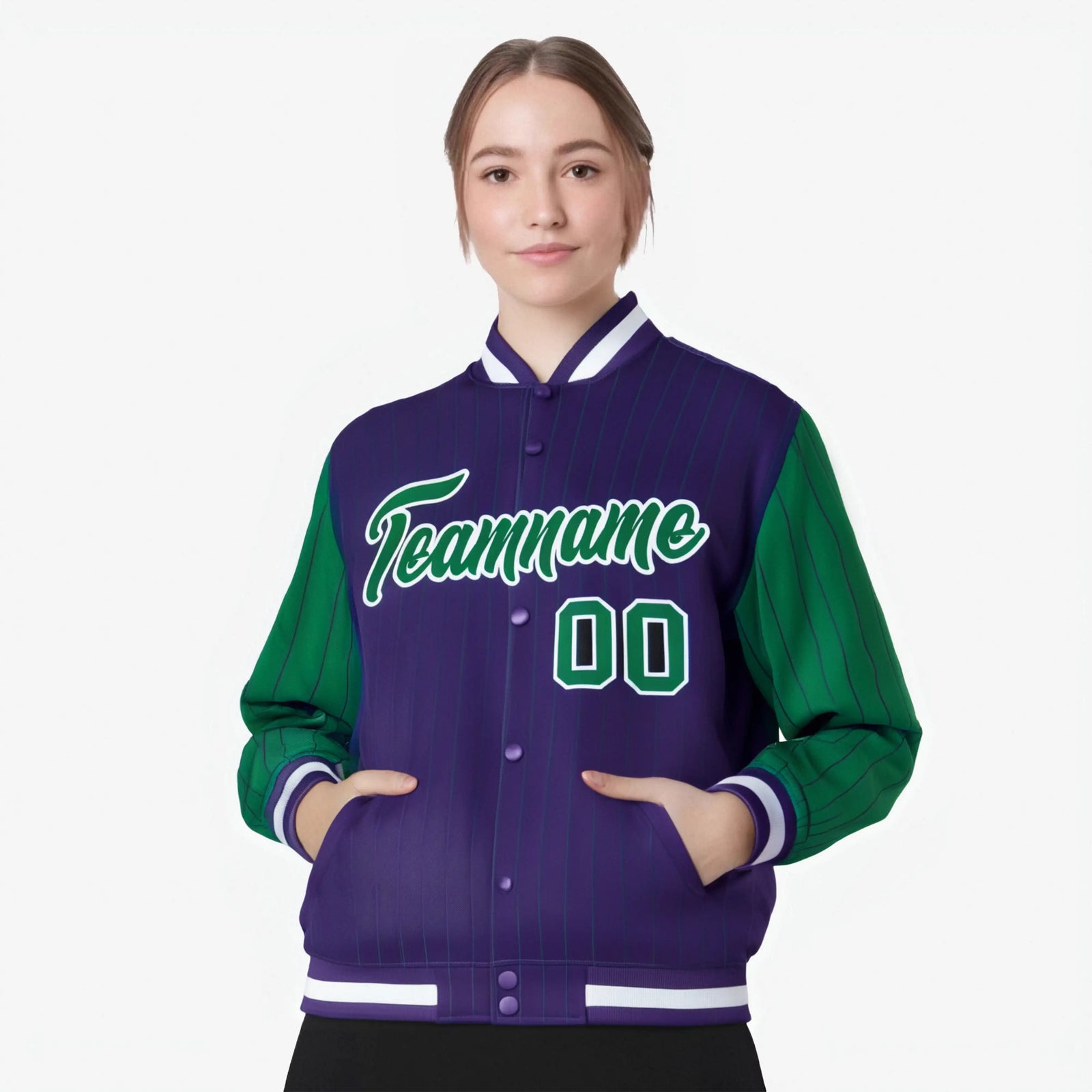 Custom Purple Green-Purple Personalized Stripe Fashion Letterman Bomber Varsity Jacket