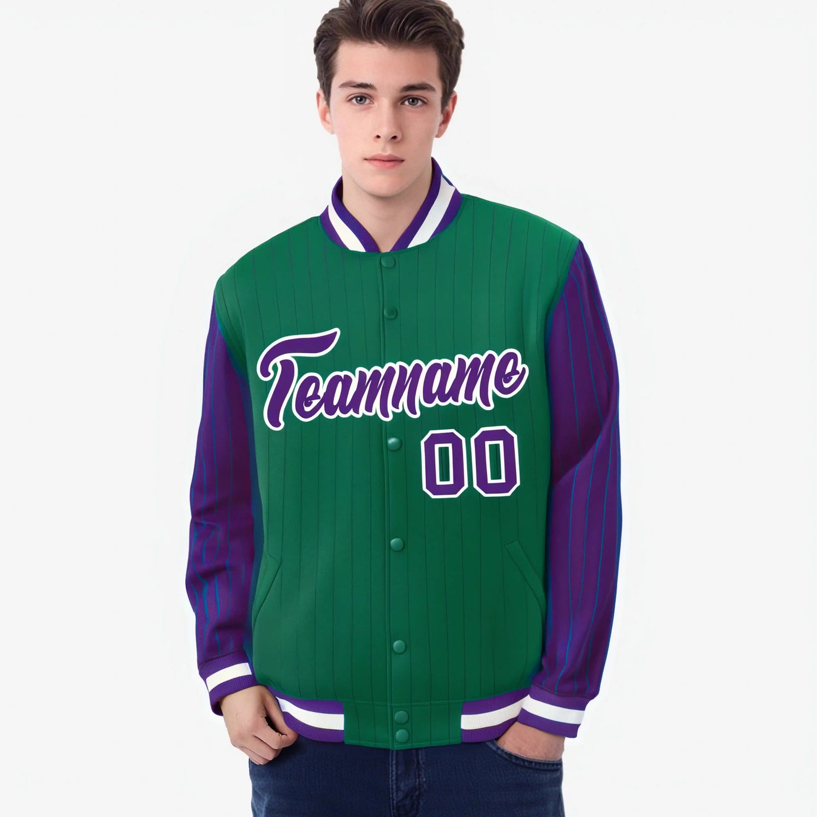 Custom Green Purple-Green Personalized Stripe Fashion Letterman Bomber Varsity Jacket
