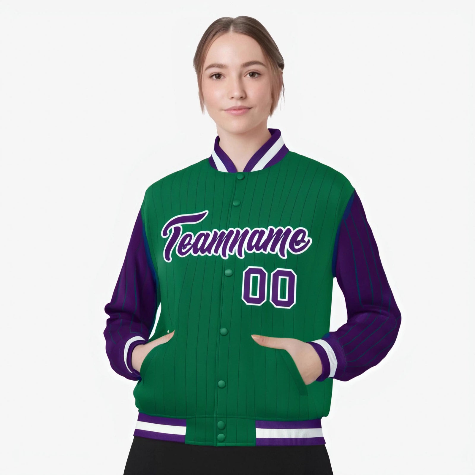 Custom Green Purple-Green Personalized Stripe Fashion Letterman Bomber Varsity Jacket