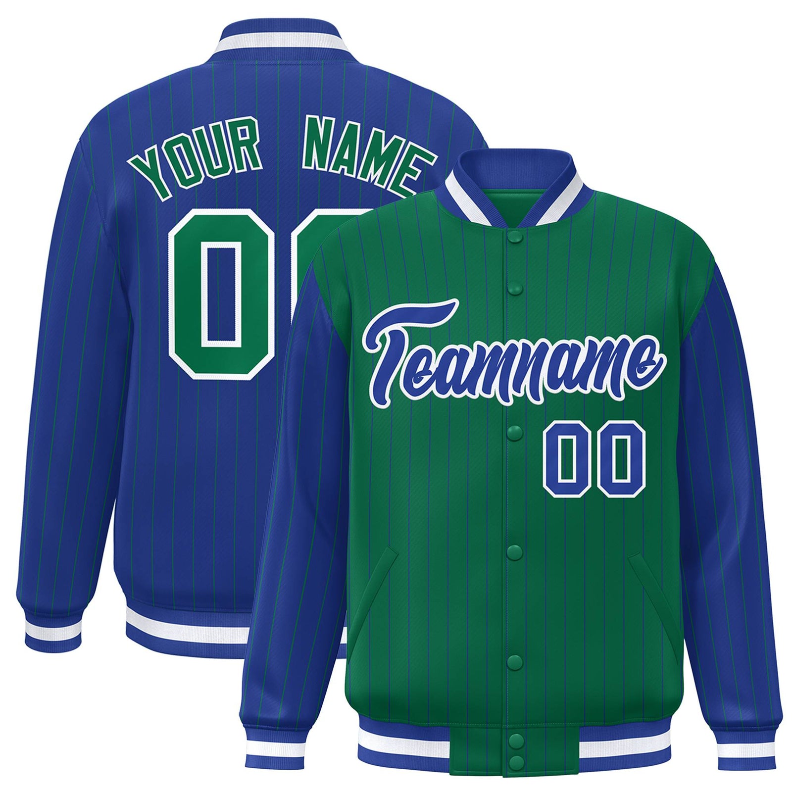 Custom Green Royal Blue-Green Personalized Stripe Fashion Letterman Bomber Varsity Jacket