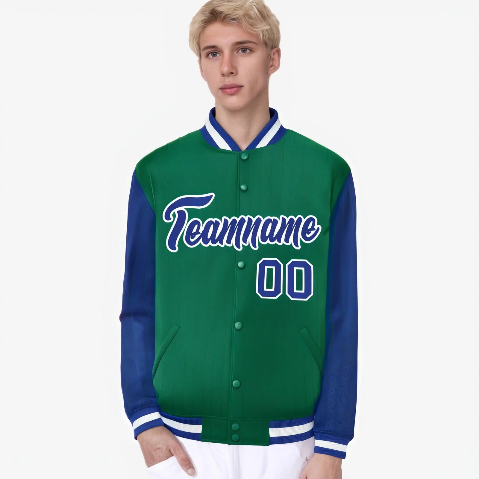 Custom Green Royal Blue-Green Personalized Stripe Fashion Letterman Bomber Varsity Jacket