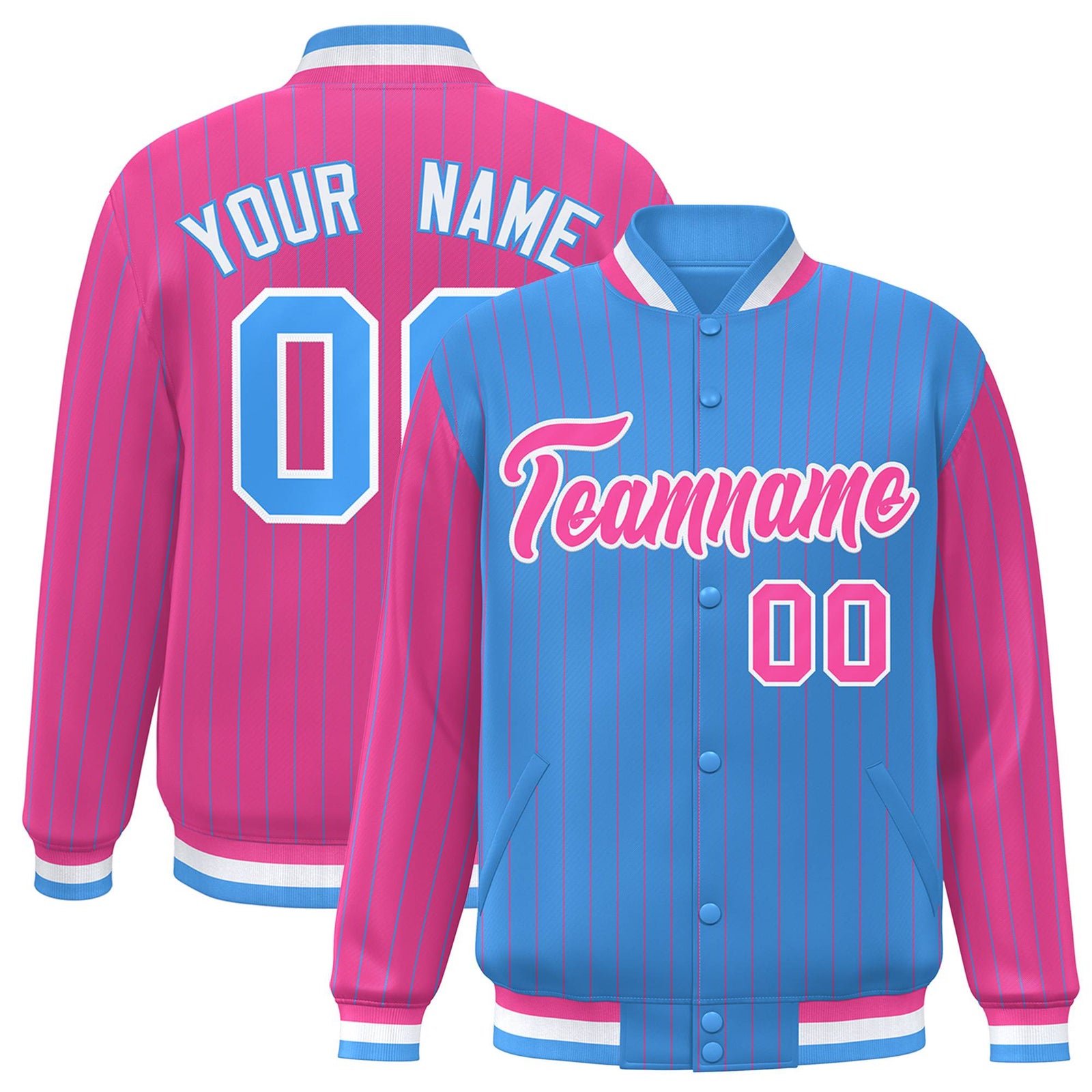 Custom Powder Blue Pink-Powder Blue Personalized Stripe Fashion Letterman Bomber Varsity Jacket