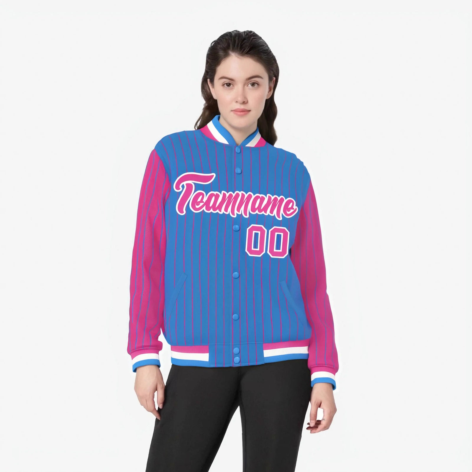 Custom Powder Blue Pink-Powder Blue Personalized Stripe Fashion Letterman Bomber Varsity Jacket