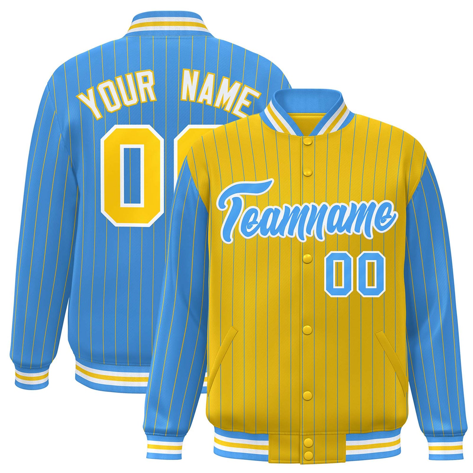 Custom Powder Blue Gold-Powder Blue Personalized Stripe Fashion Letterman Bomber Varsity Jacket
