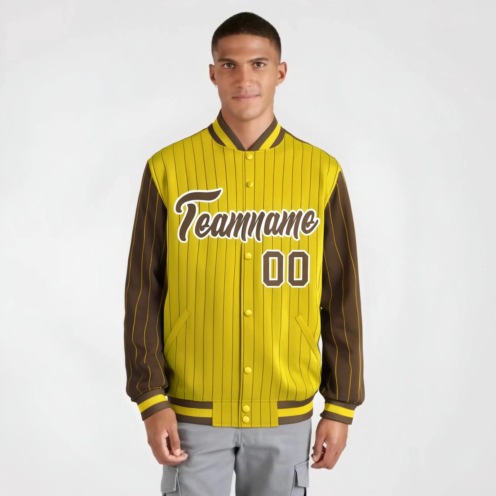 Custom Gold Brown-Gold Personalized Stripe Fashion Letterman Bomber Varsity Jacket