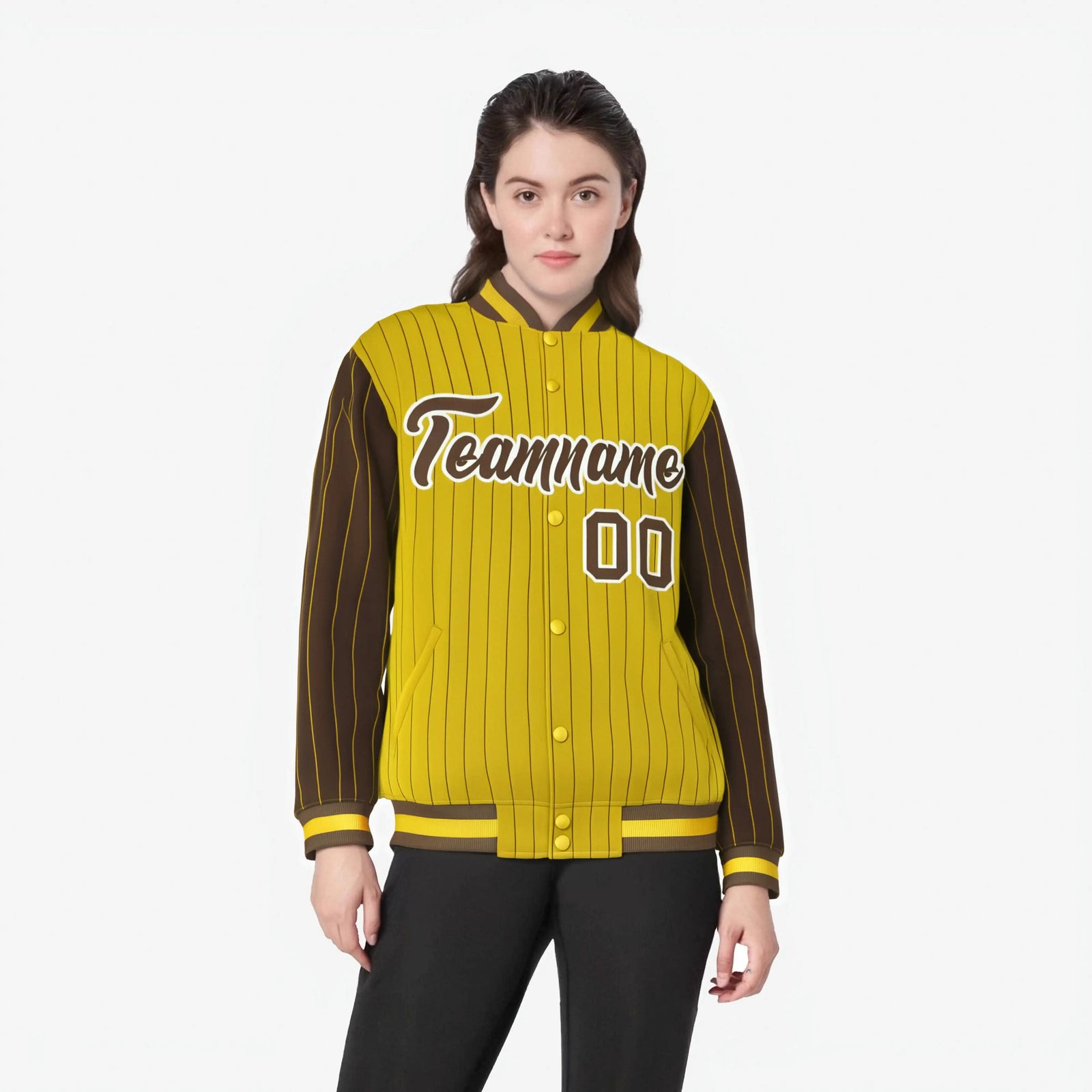Custom Gold Brown-Gold Personalized Stripe Fashion Letterman Bomber Varsity Jacket
