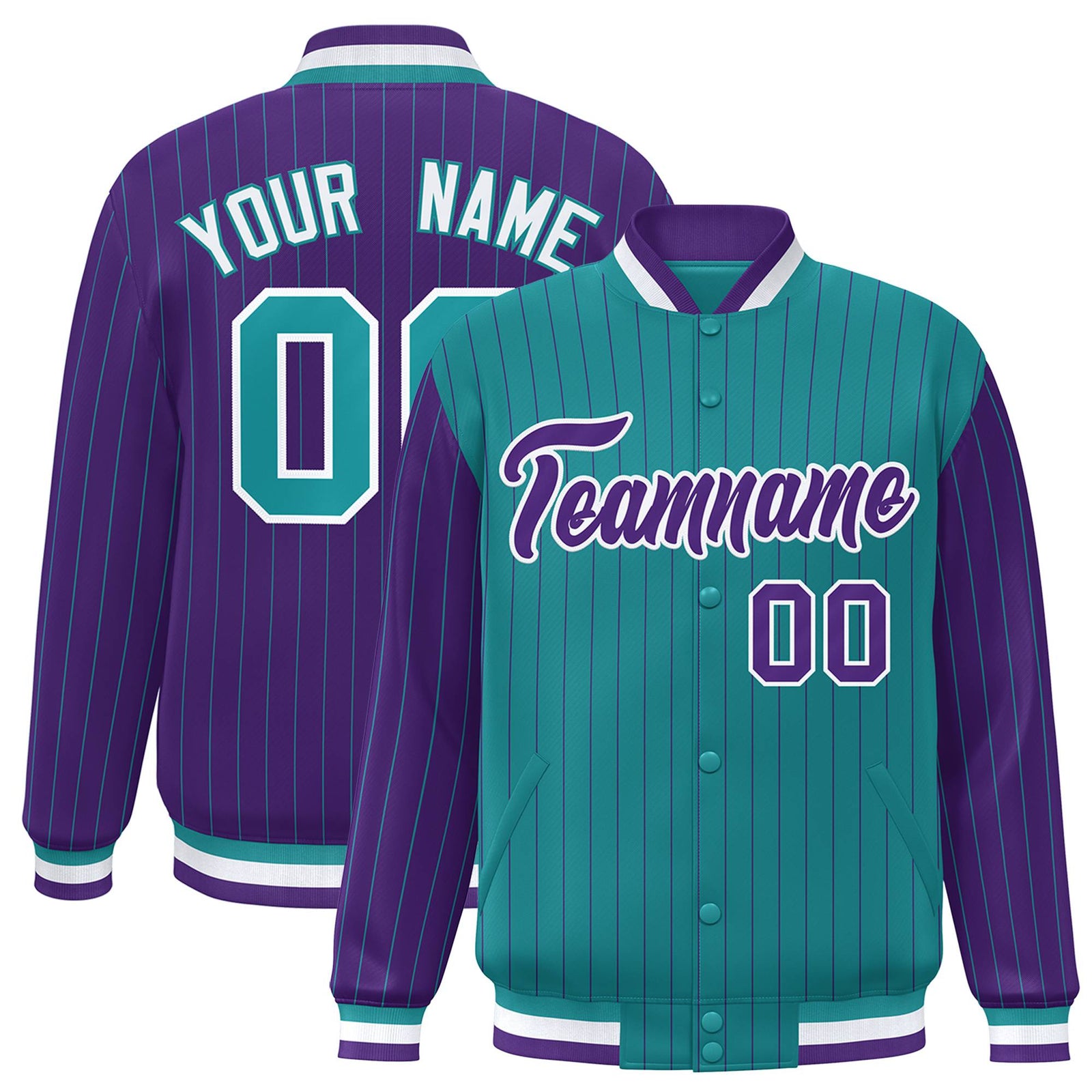 Custom Aqua Purple-Aqua Personalized Stripe Fashion Letterman Bomber Varsity Jacket