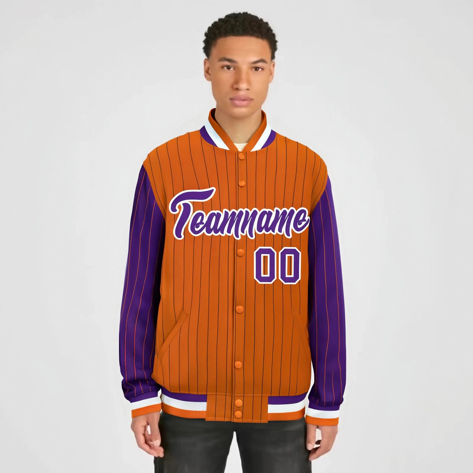 Custom Orange Purple-Orange Personalized Stripe Fashion Letterman Bomber Varsity Jacket