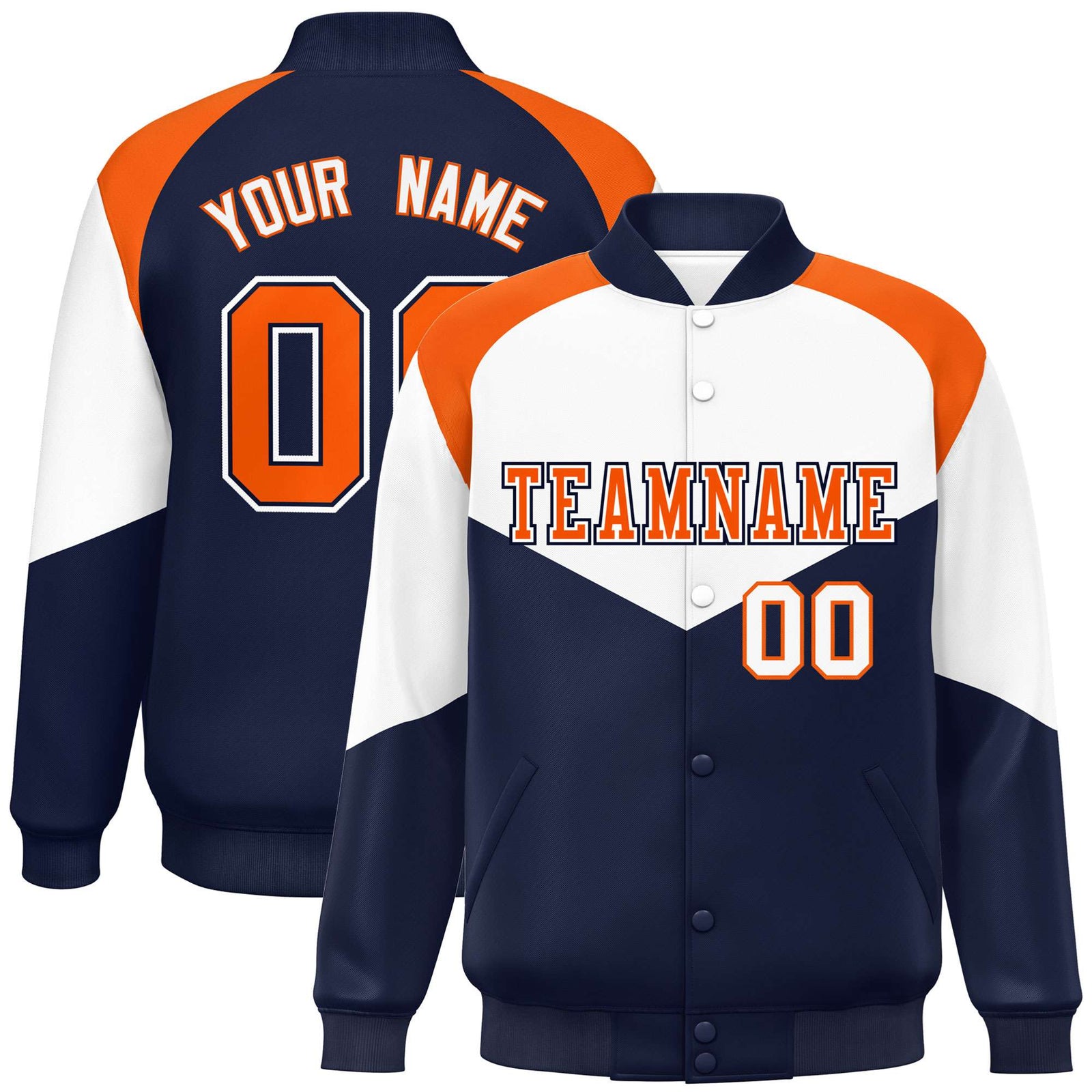 Custom White Navy-Orange Varsity Full-Snap Color Block Letterman Jacket