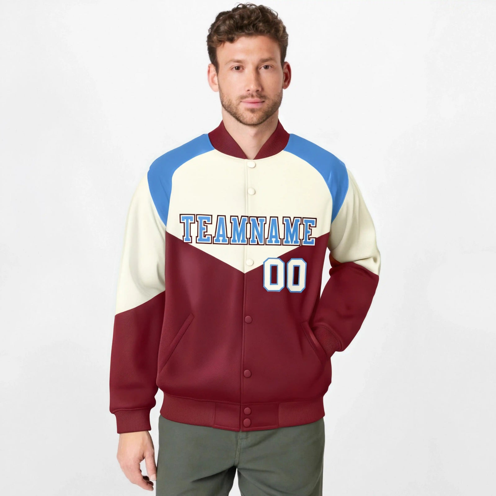 Custom Cream Crimson-Powder Blue Varsity Full-Snap Color Block Letterman Jacket