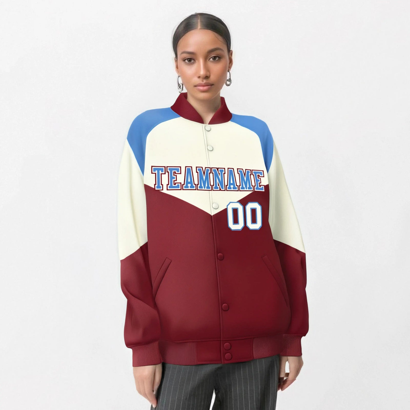 Custom Cream Crimson-Powder Blue Varsity Full-Snap Color Block Letterman Jacket