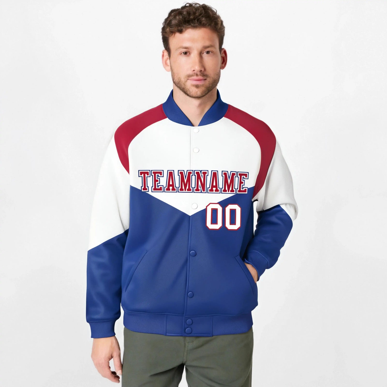 Custom White Royal Blue-Red Varsity Full-Snap Color Block Letterman Jacket