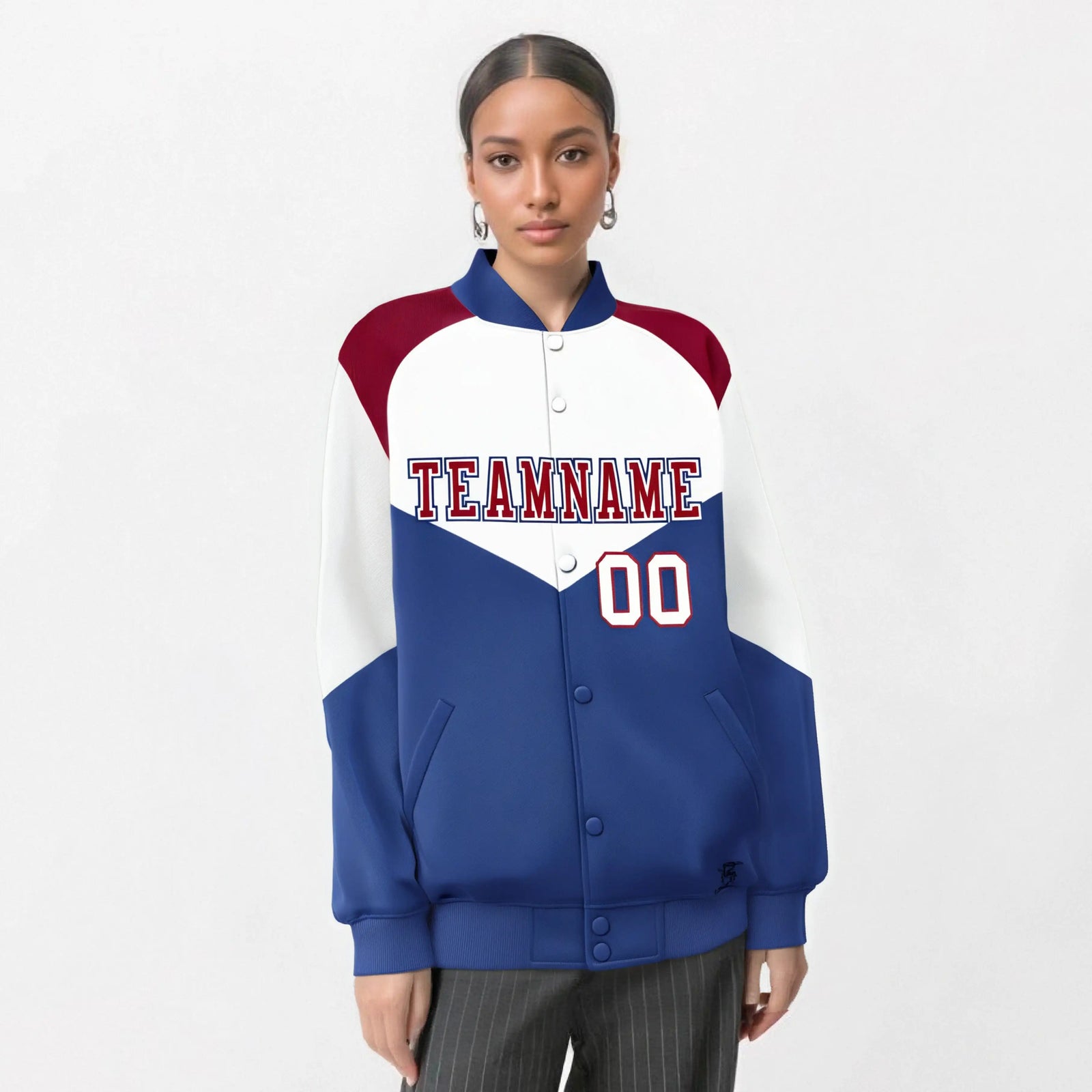 Custom White Royal Blue-Red Varsity Full-Snap Color Block Letterman Jacket