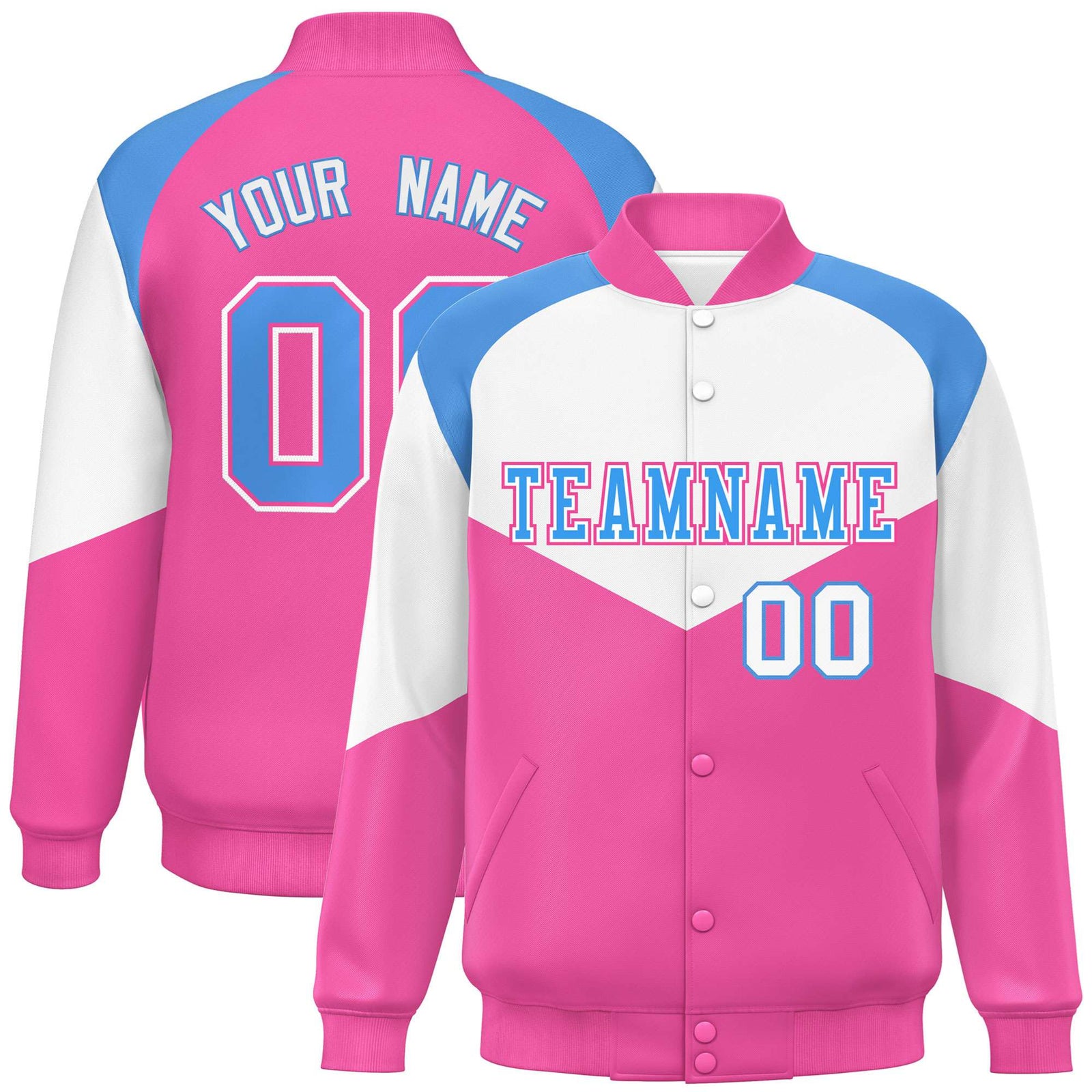 Custom White Pink-Powder Blue Varsity Full-Snap Color Block Letterman Jacket