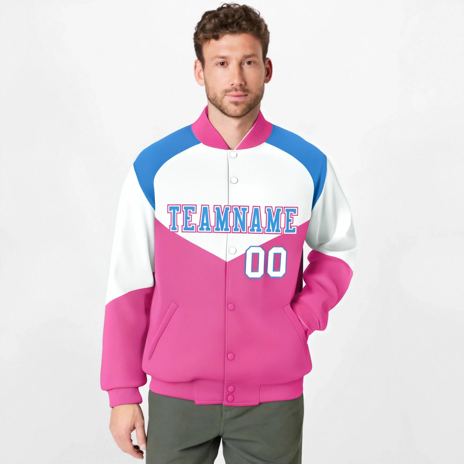 Custom White Pink-Powder Blue Varsity Full-Snap Color Block Letterman Jacket