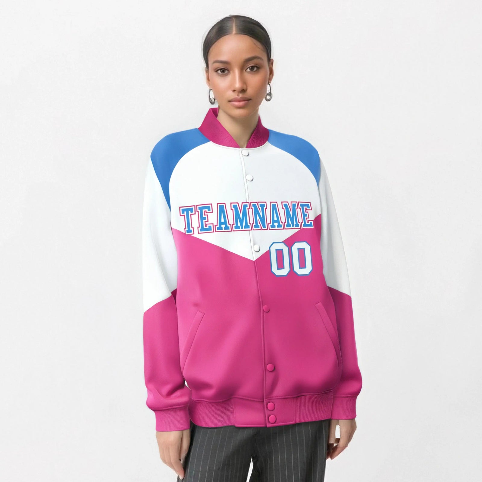 Custom White Pink-Powder Blue Varsity Full-Snap Color Block Letterman Jacket