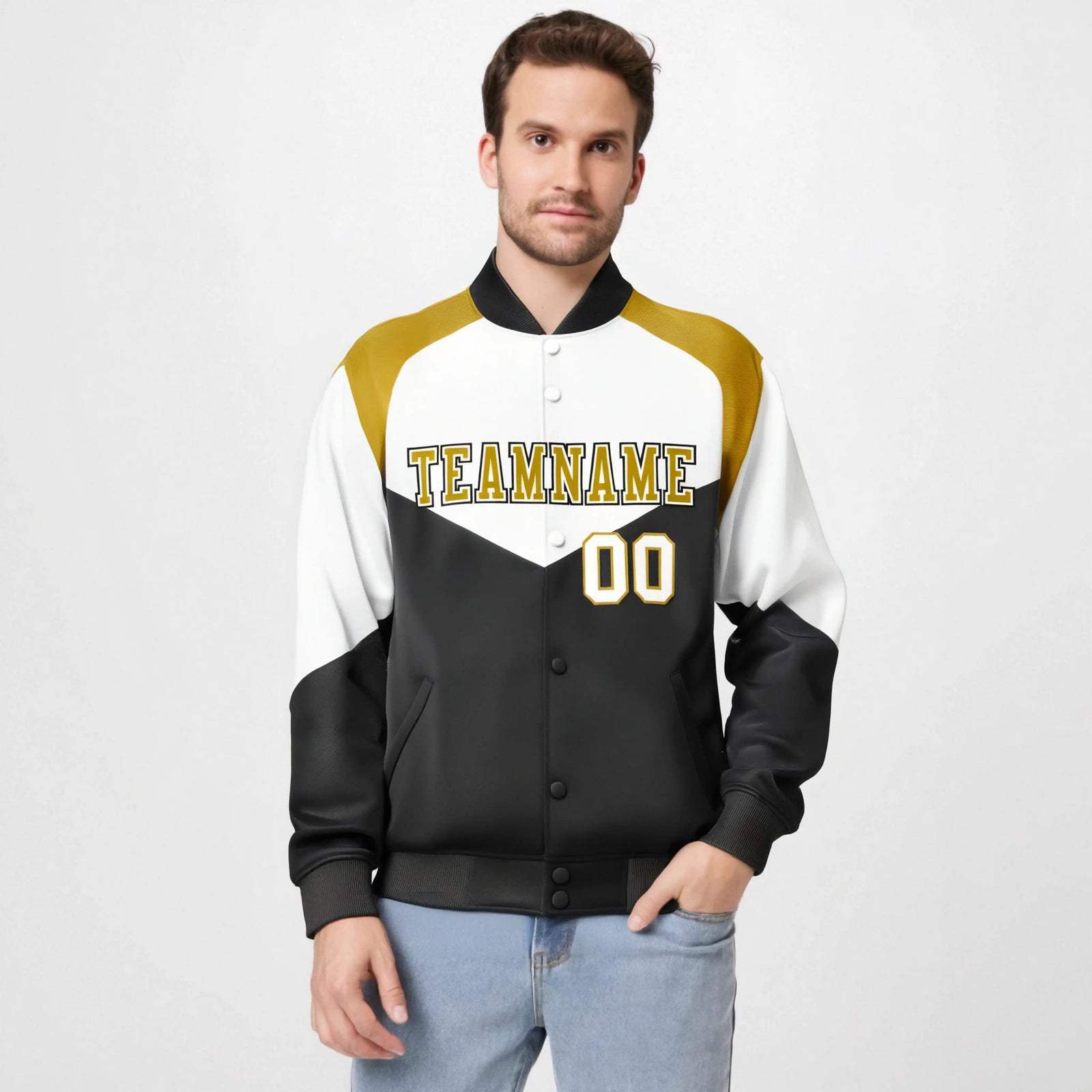 Custom White Black-Old Gold Varsity Full-Snap Color Block Letterman Jacket