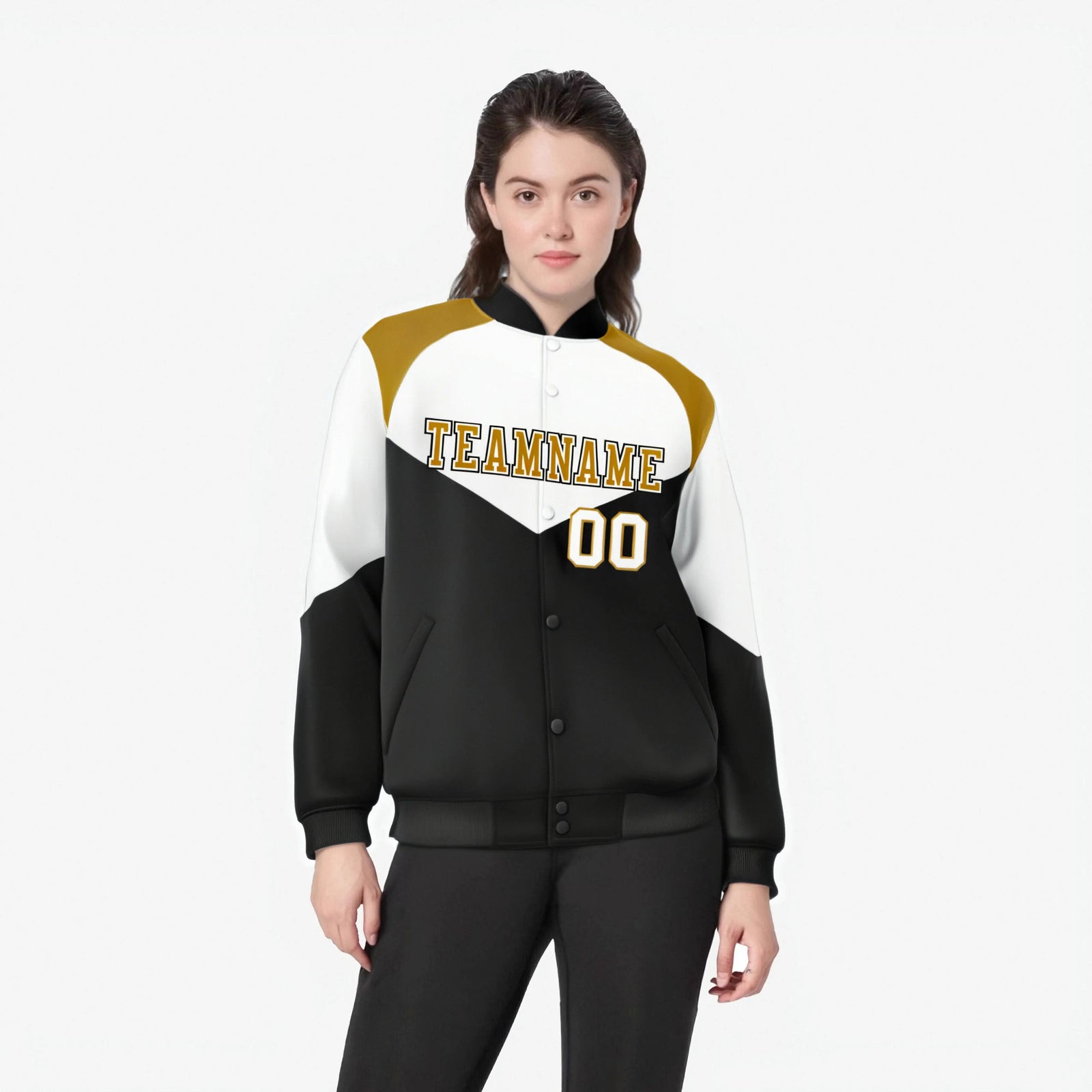 Custom White Black-Old Gold Varsity Full-Snap Color Block Letterman Jacket