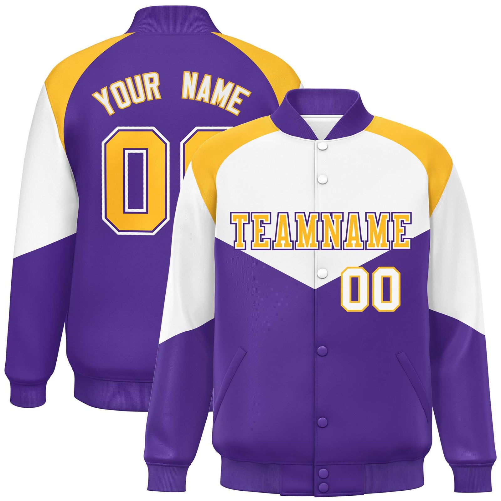 Custom White Purple-Gold Varsity Full-Snap Color Block Letterman Jacket