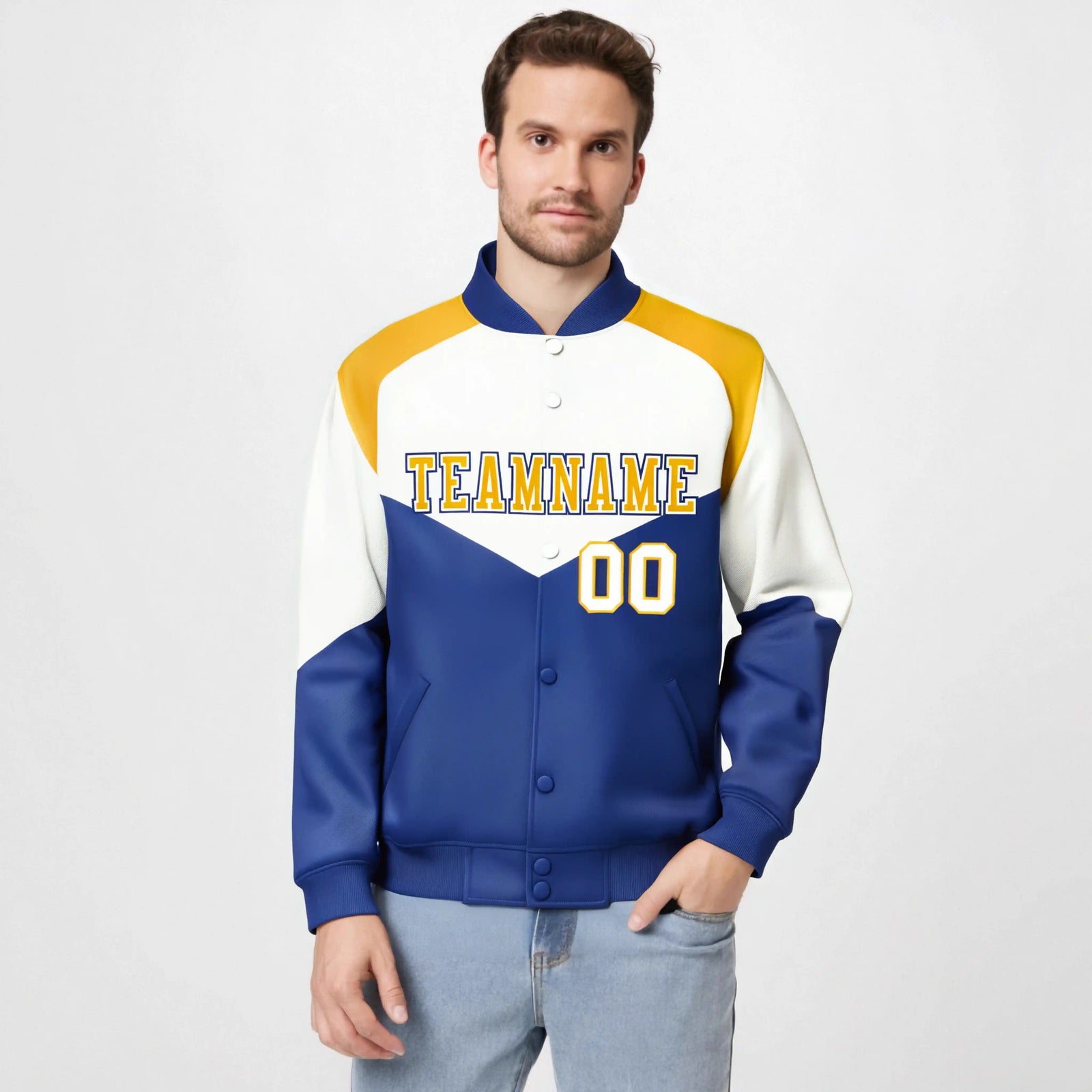 Custom White Royal Blue-Gold Varsity Full-Snap Color Block Letterman Jacket
