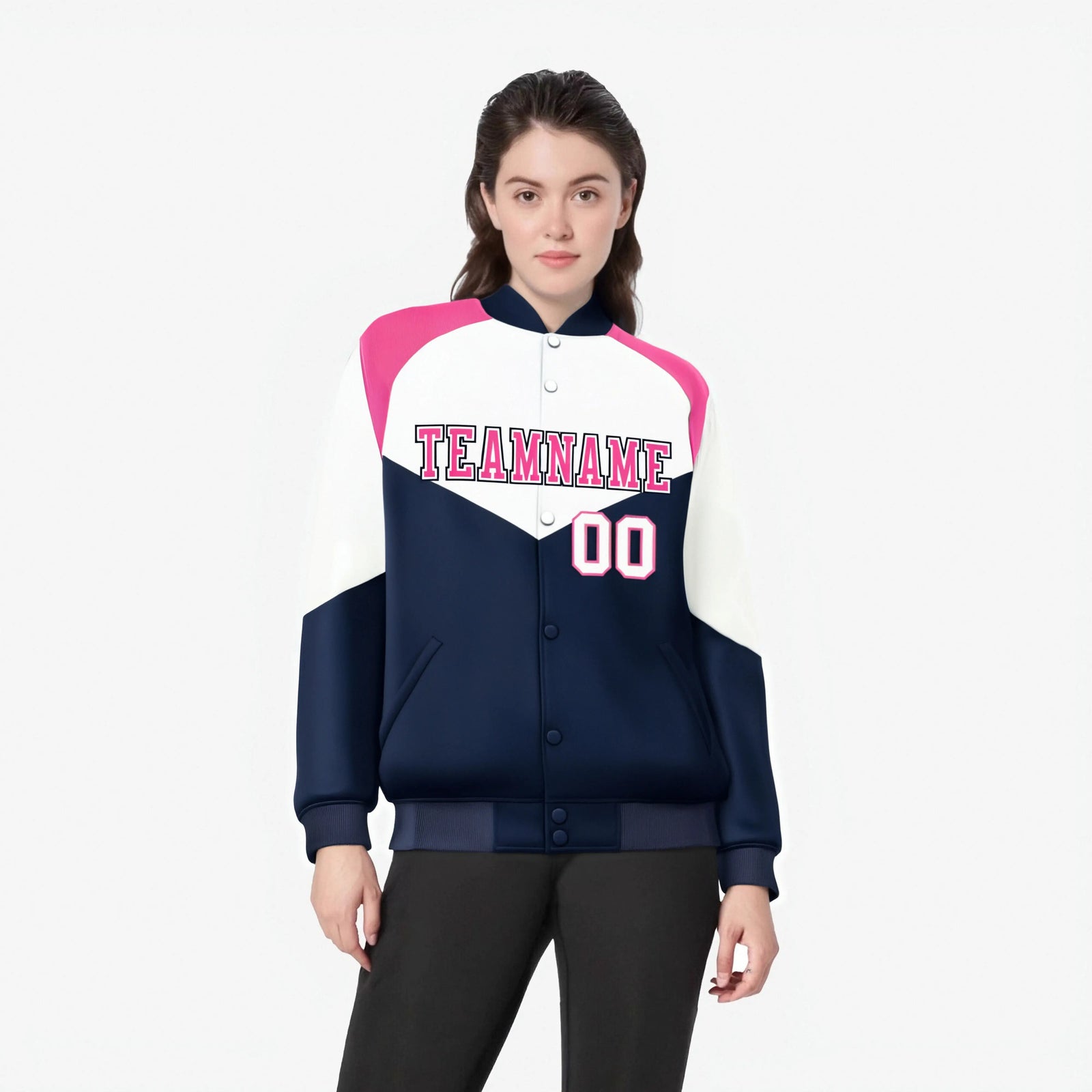 Custom White Navy-Pink Varsity Full-Snap Color Block Letterman Jacket