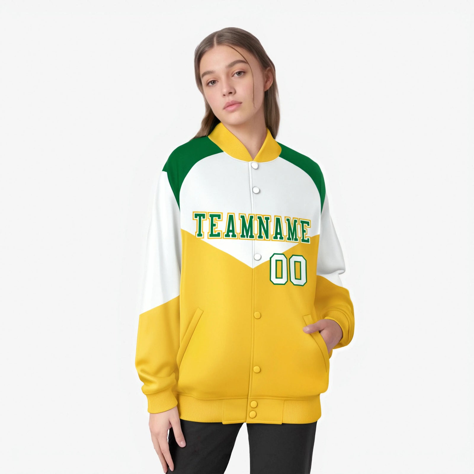 Custom White Gold-Kelly Green Varsity Full-Snap Color Block Letterman Jacket