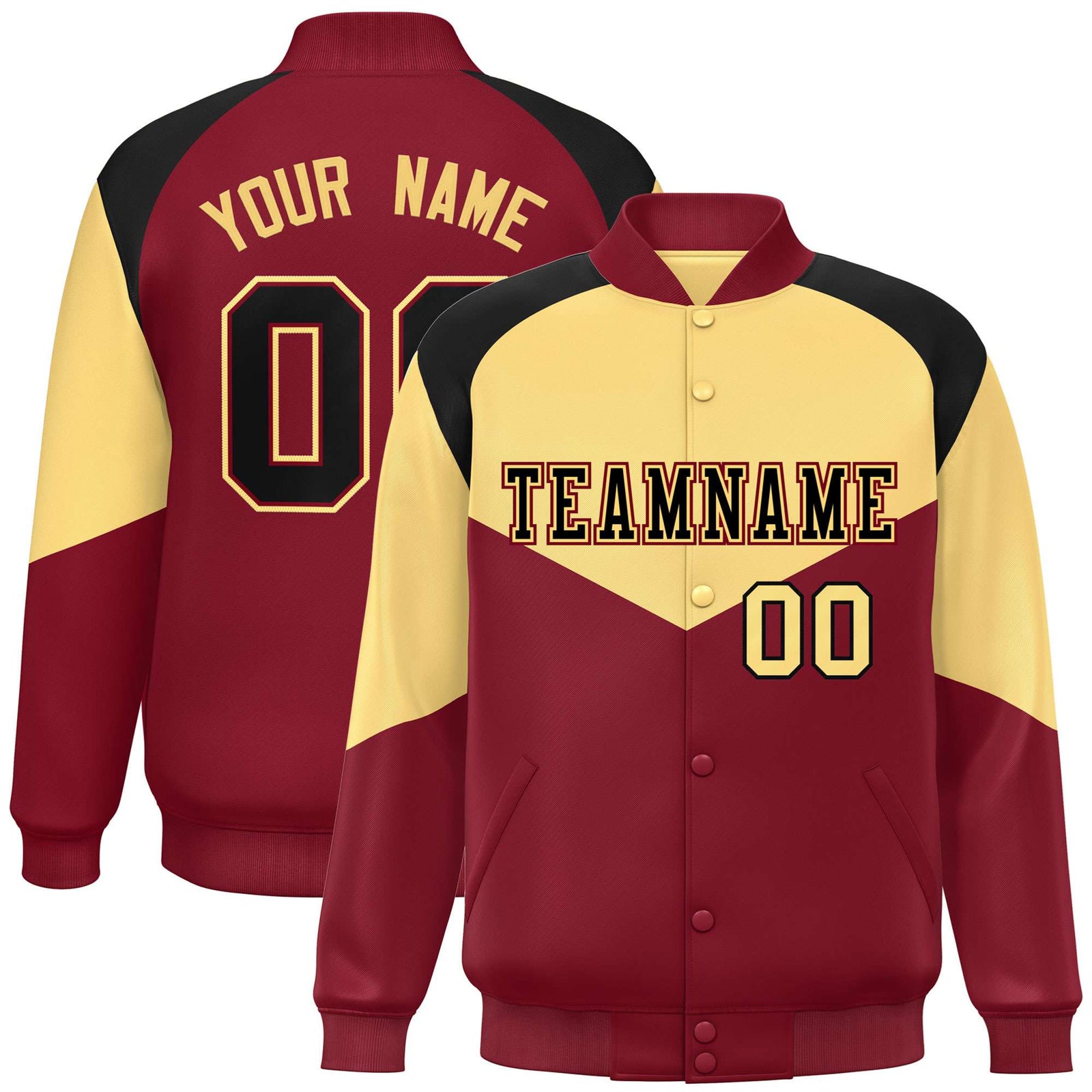 Custom Khaki Crimson-Black Varsity Full-Snap Color Block Letterman Jacket