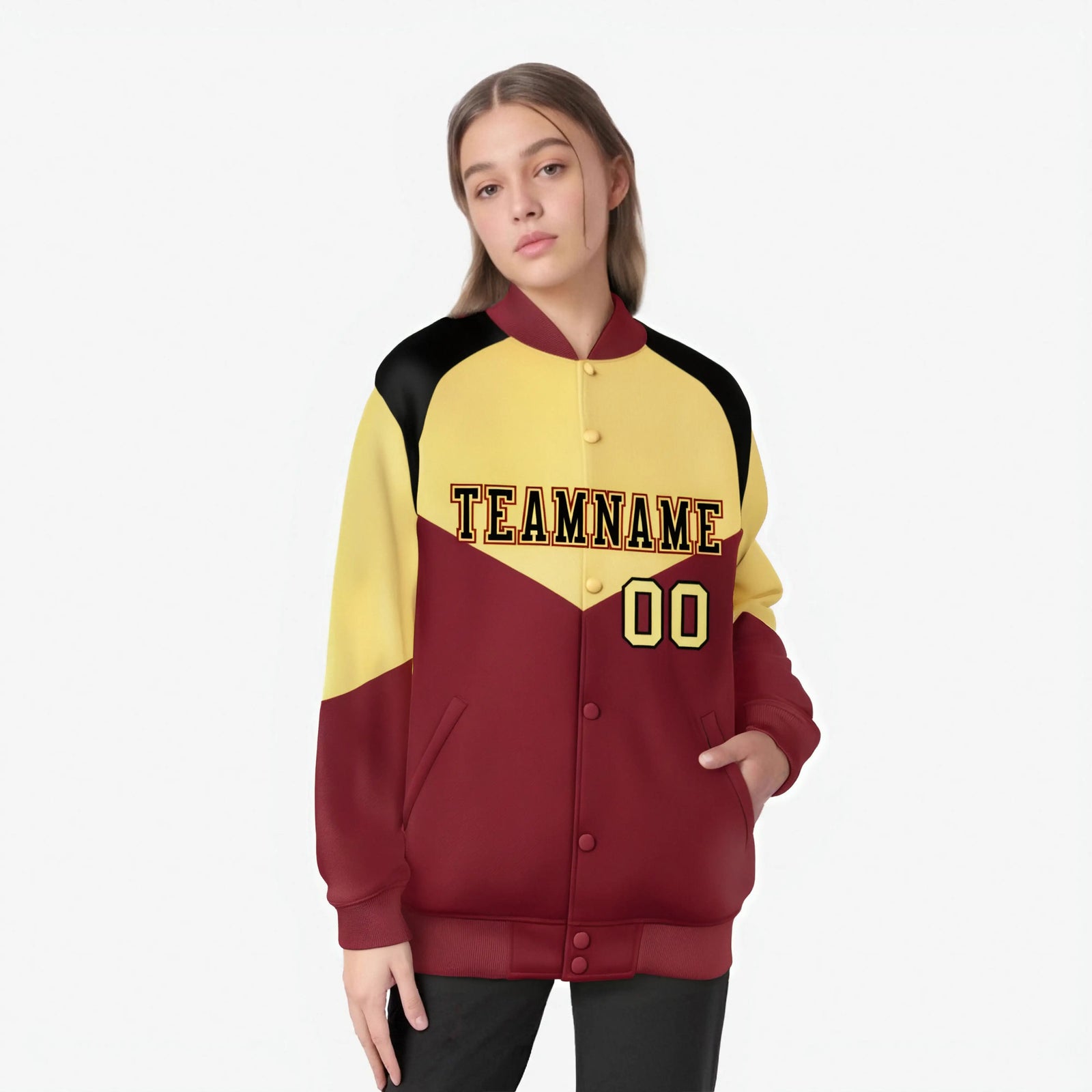 Custom Khaki Crimson-Black Varsity Full-Snap Color Block Letterman Jacket