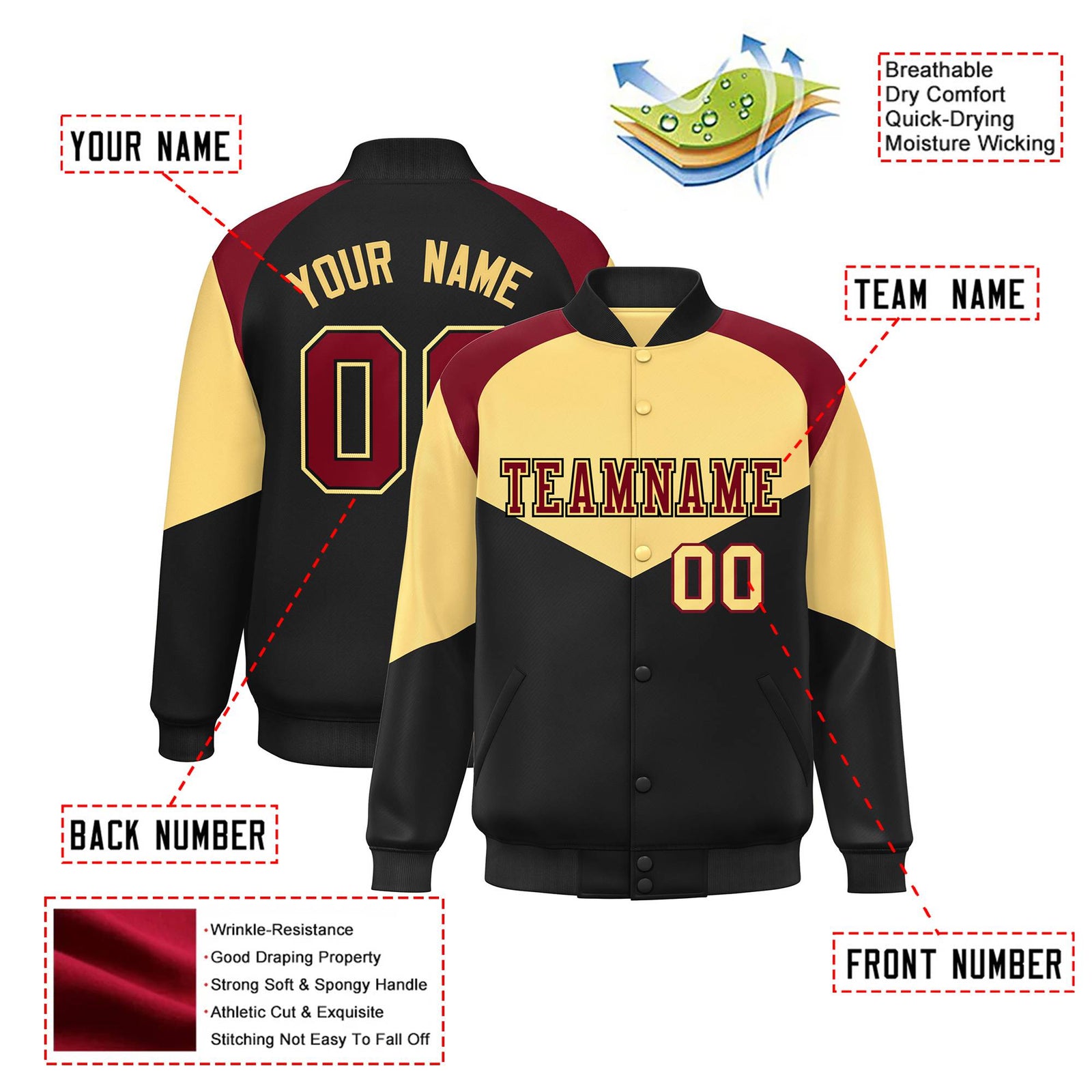 Custom Khaki Black-Crimson Green Varsity Full-Snap Color Block Letterman Jacket