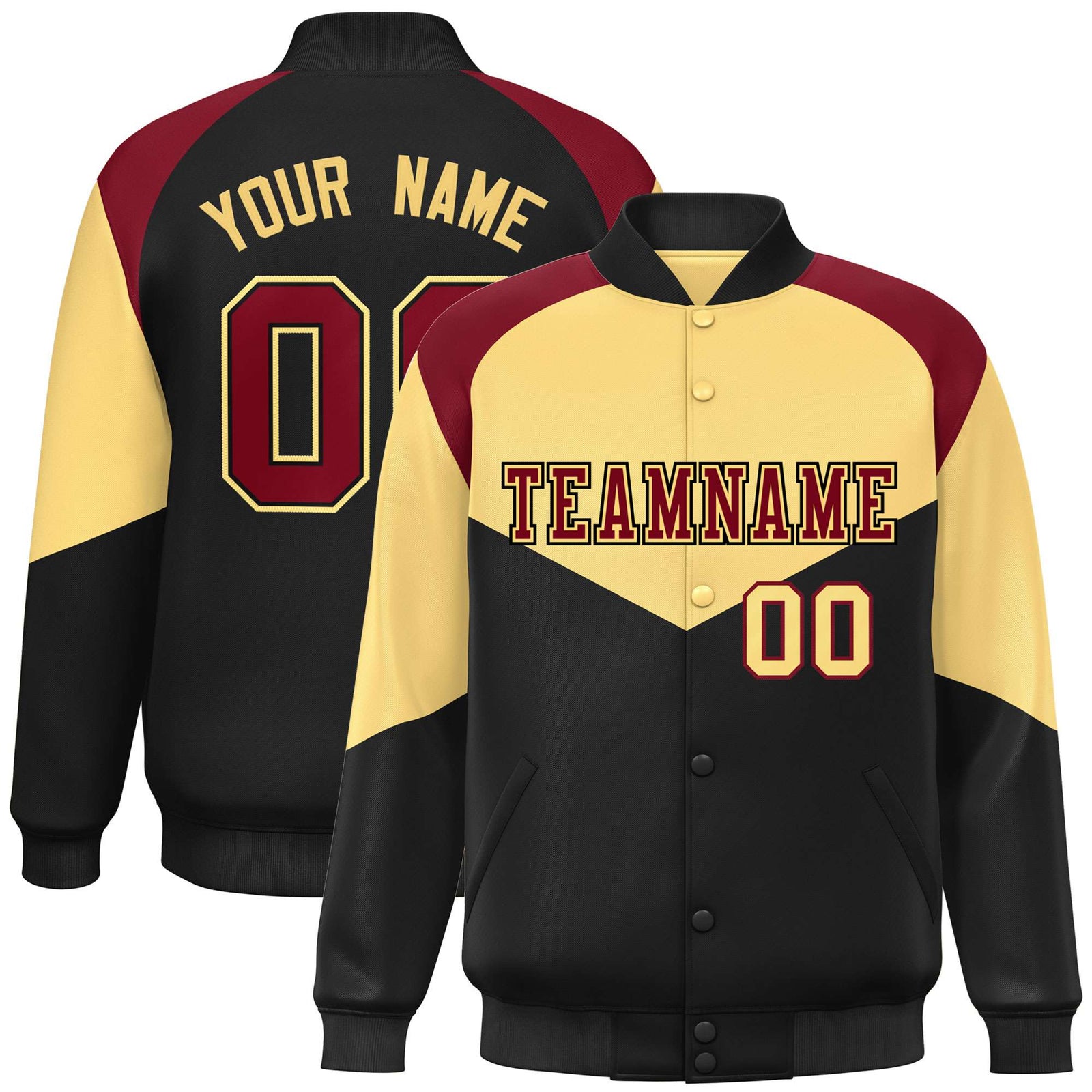 Custom Khaki Black-Crimson Green Varsity Full-Snap Color Block Letterman Jacket