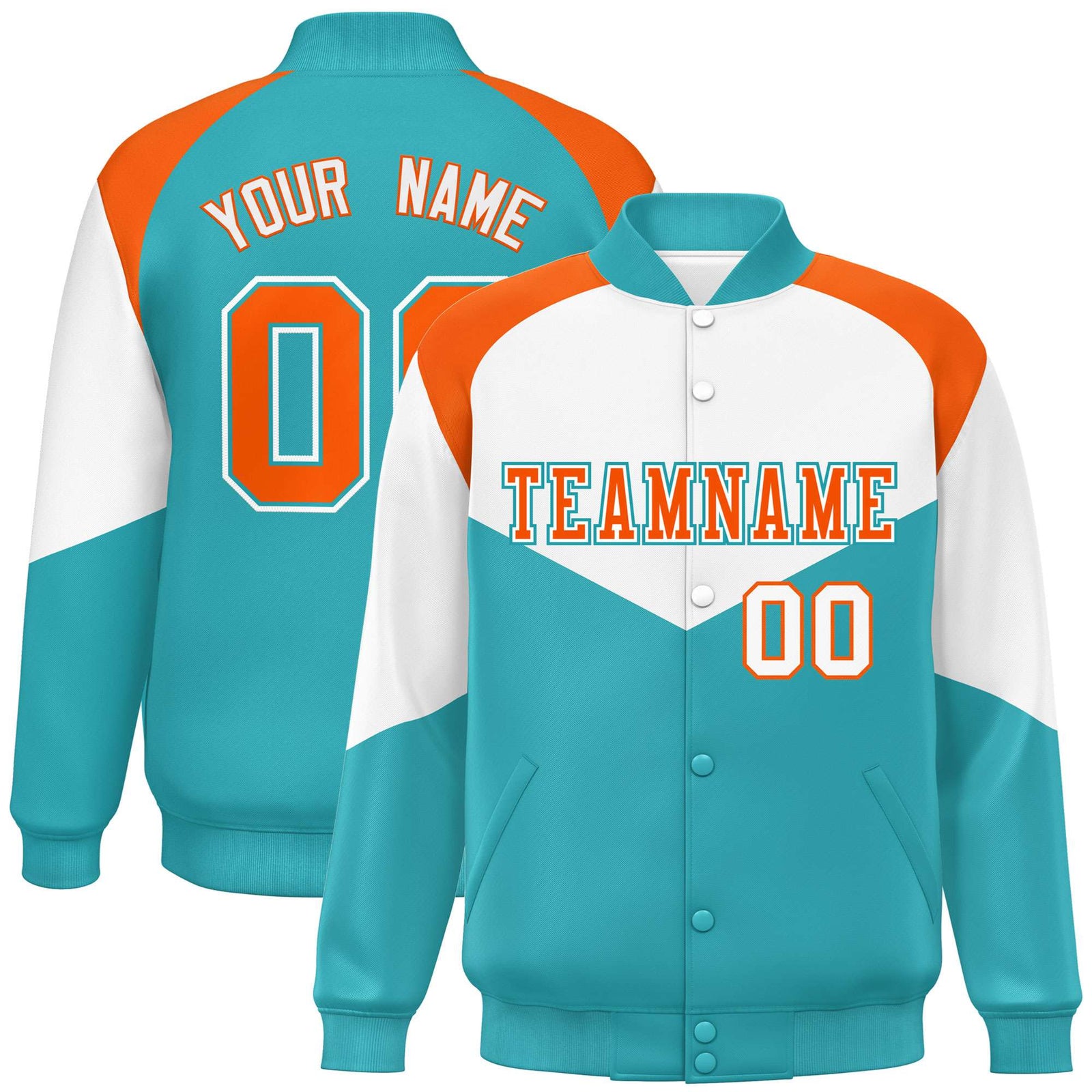 Custom White Aqua-Orange Varsity Full-Snap Color Block Letterman Jacket