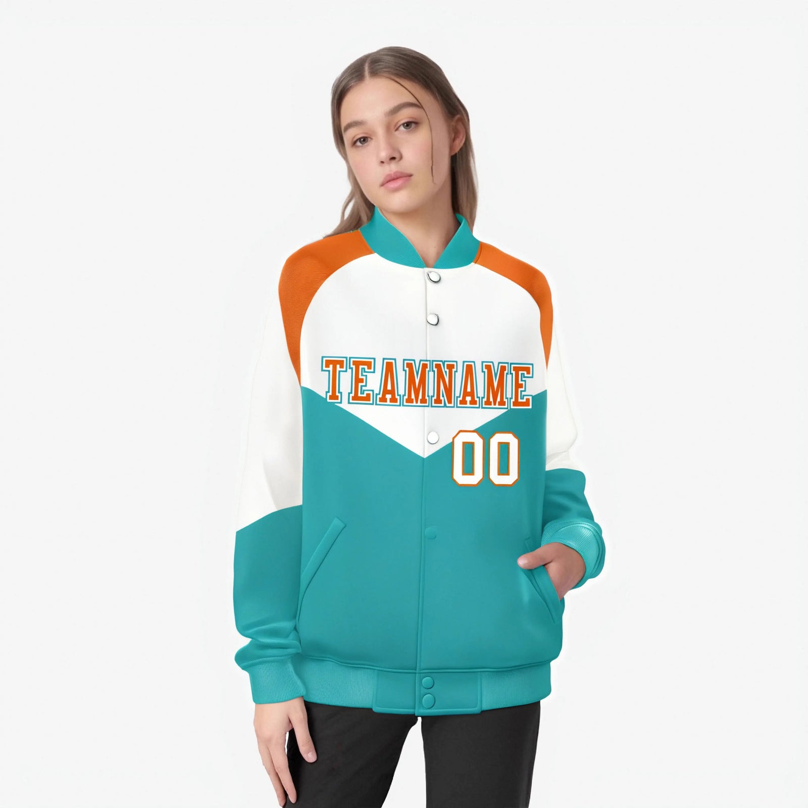 Custom White Aqua-Orange Varsity Full-Snap Color Block Letterman Jacket