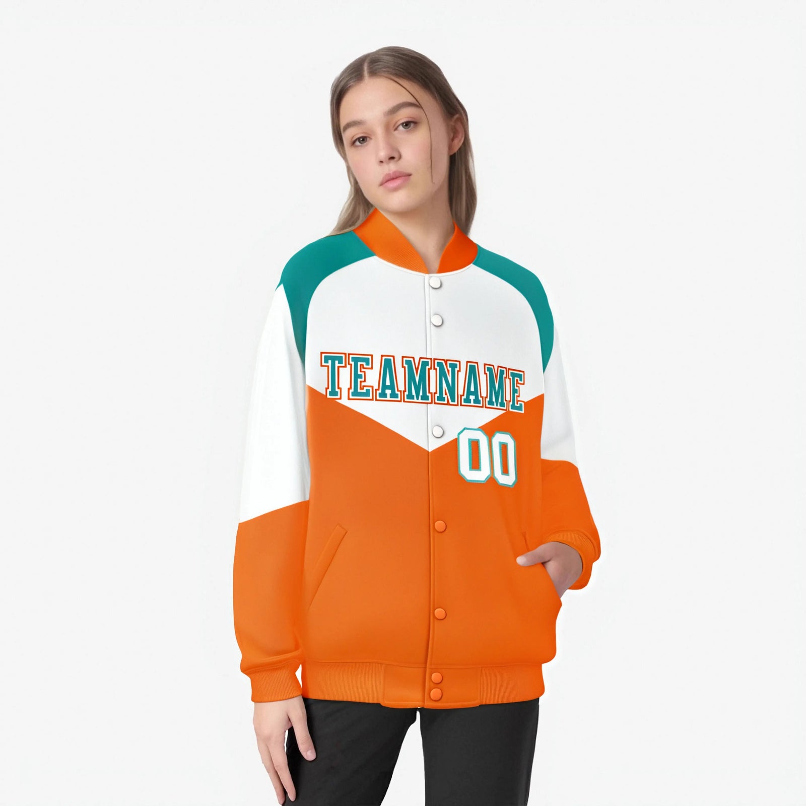 Custom White Orange-Aqua Varsity Full-Snap Color Block Letterman Jacket