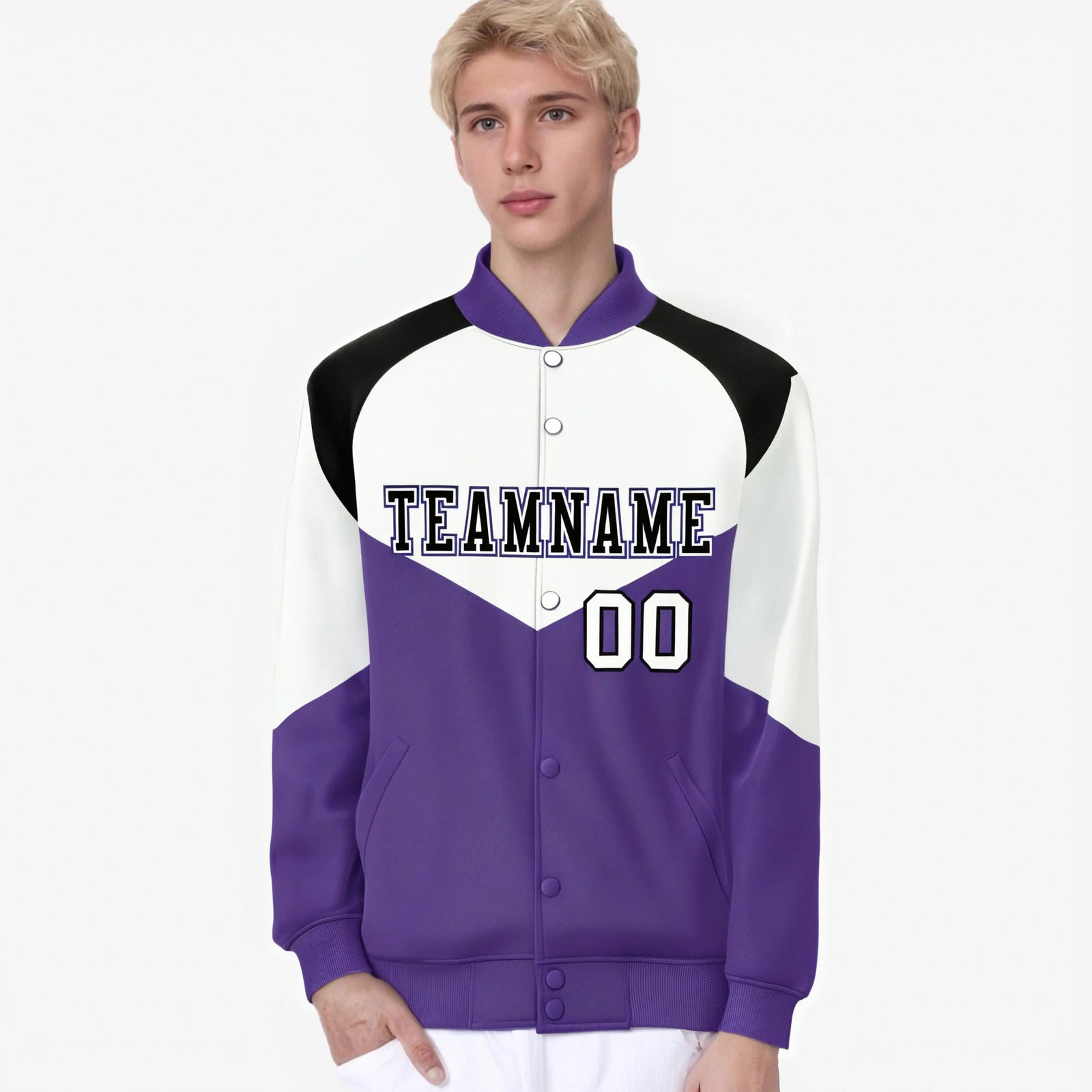 Custom White Purple-Black Varsity Full-Snap Color Block Letterman Jacket