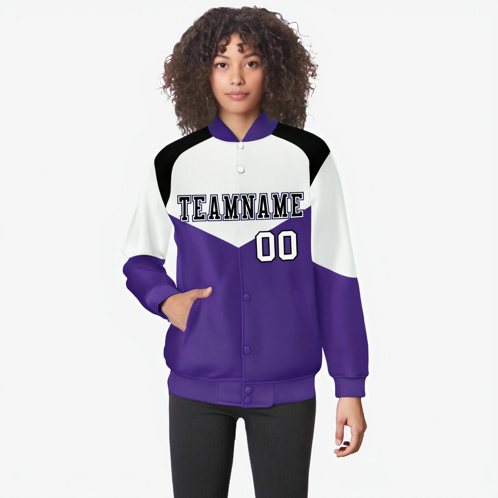 Custom White Purple-Black Varsity Full-Snap Color Block Letterman Jacket