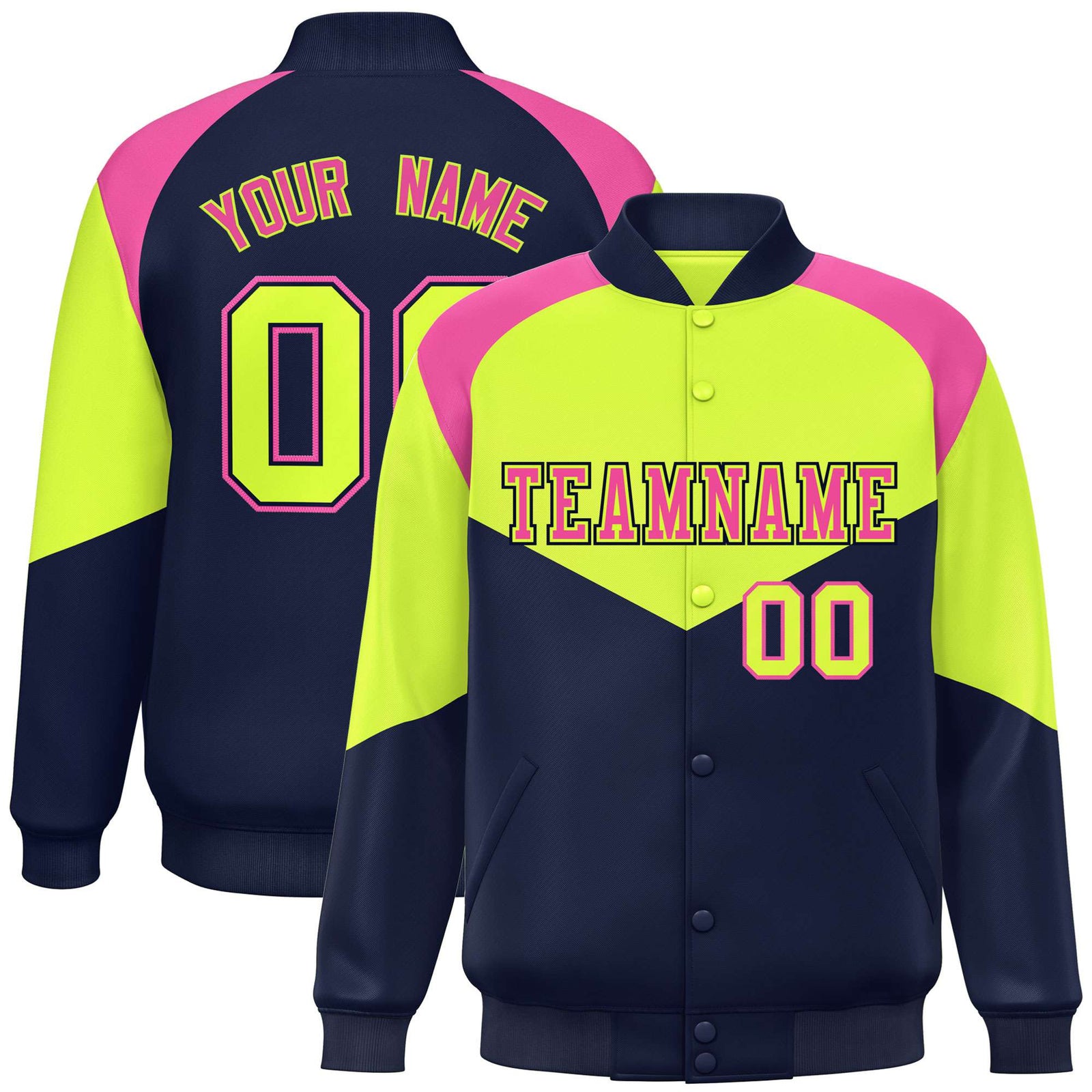 Custom Fluorescent Green Navy-Pink Varsity Full-Snap Color Block Letterman Jacket