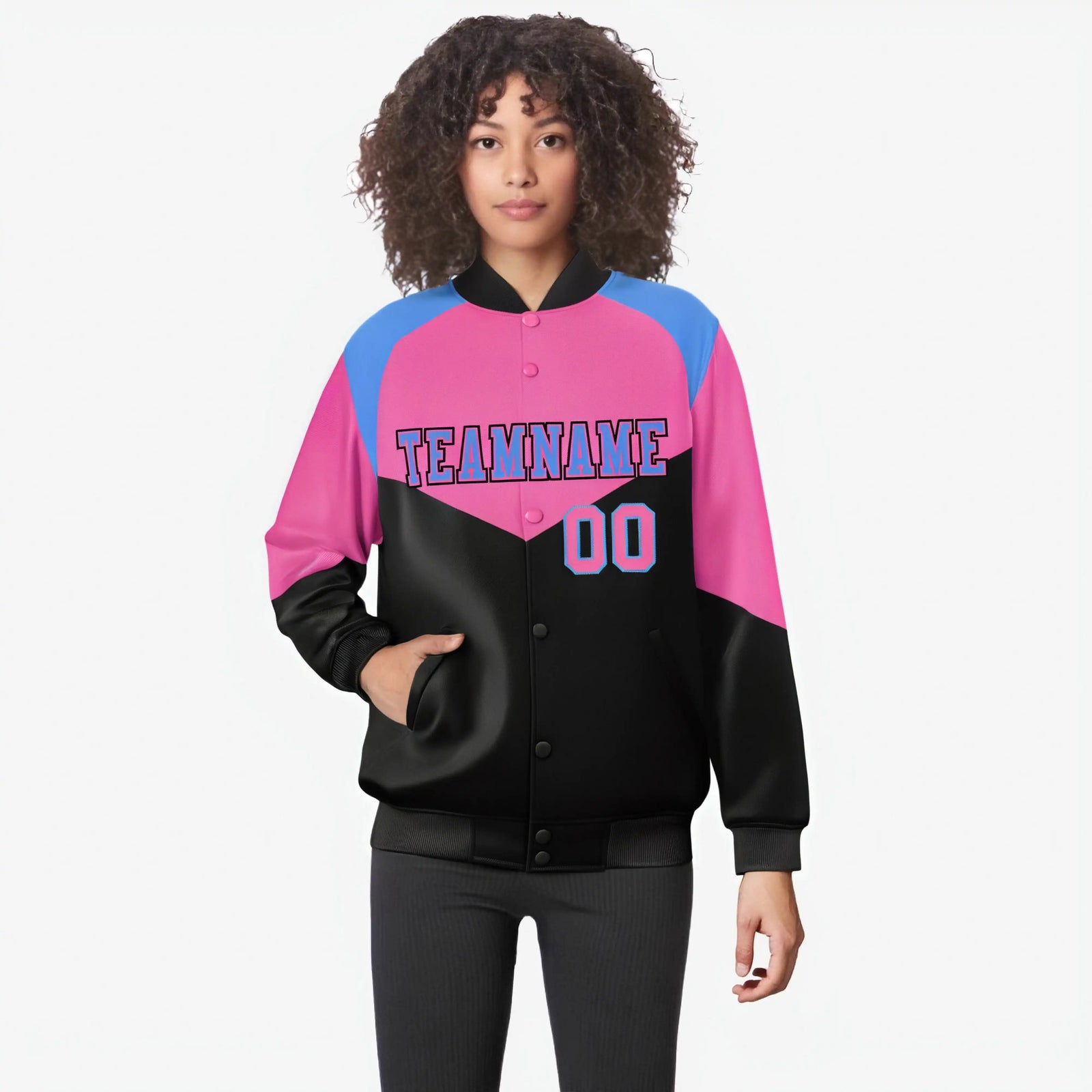 Custom Pink Black-Powder Blue Varsity Full-Snap Color Block Letterman Jacket