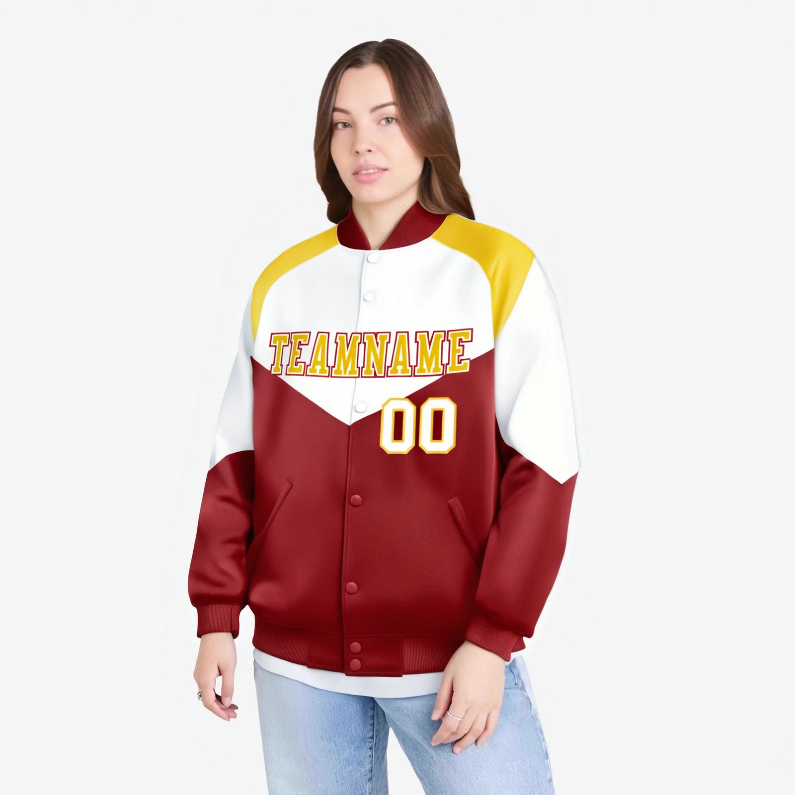 Custom White Red-Gold Varsity Full-Snap Color Block Letterman Jacket