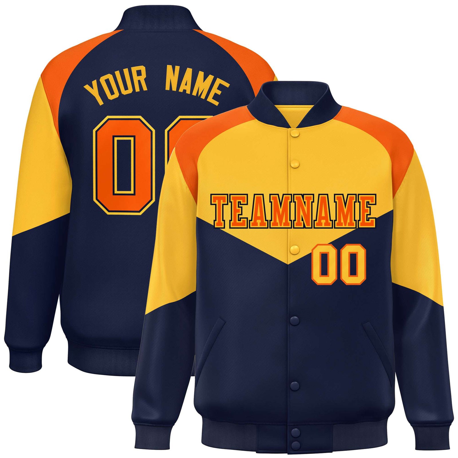 Custom Yellow Navy-Orange Varsity Full-Snap Color Block Letterman Jacket