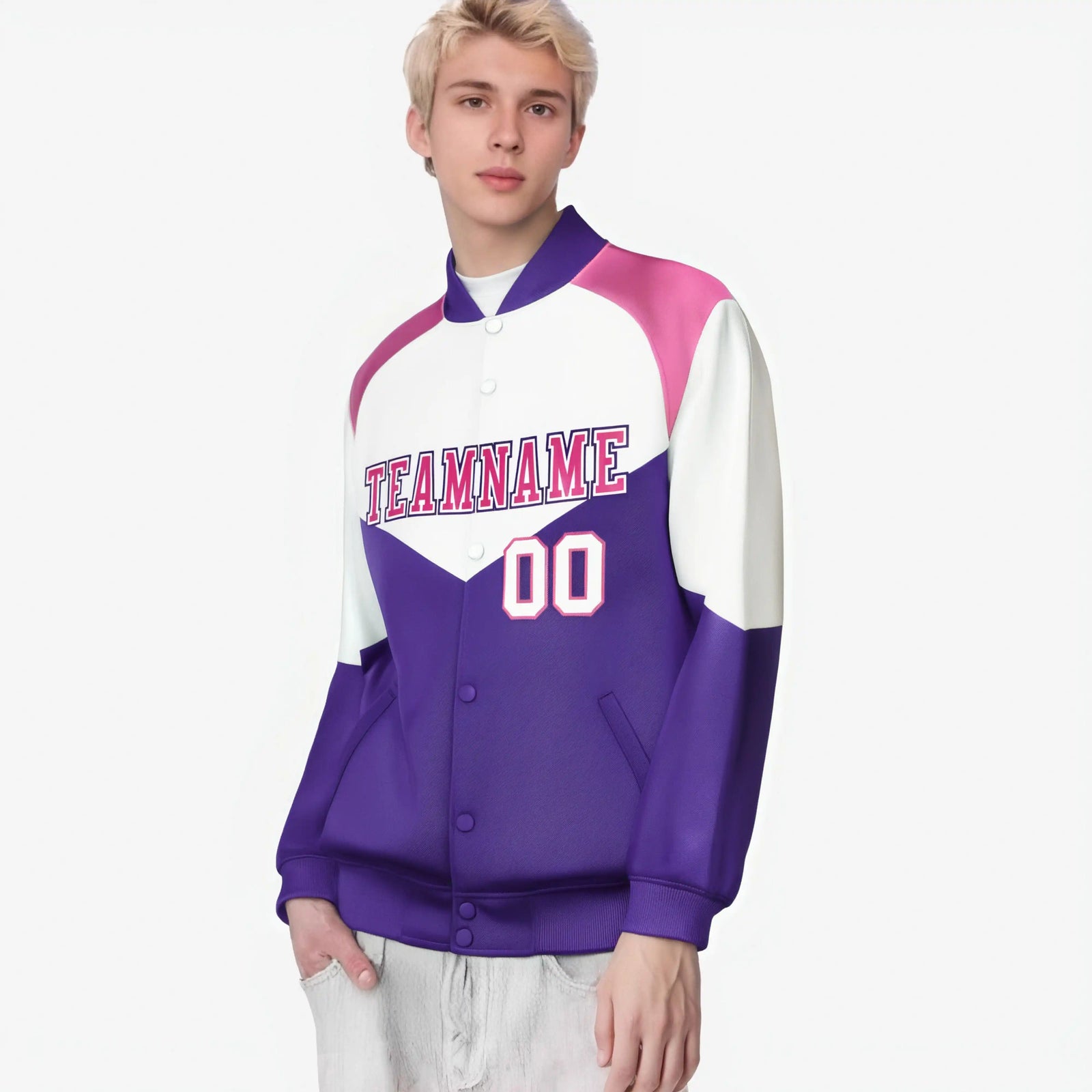 Custom White Purple-Pink Varsity Full-Snap Color Block Letterman Jacket
