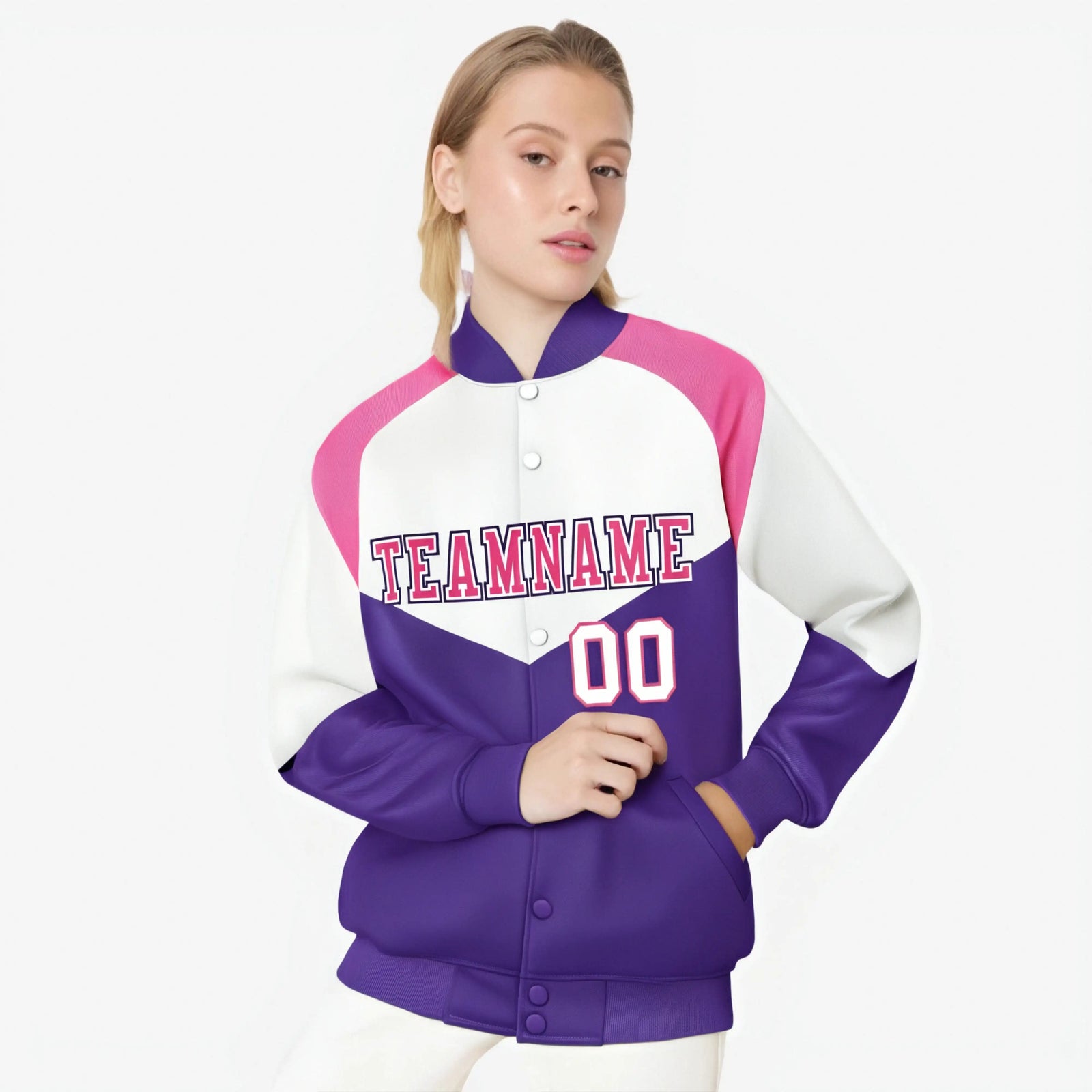 Custom White Purple-Pink Varsity Full-Snap Color Block Letterman Jacket