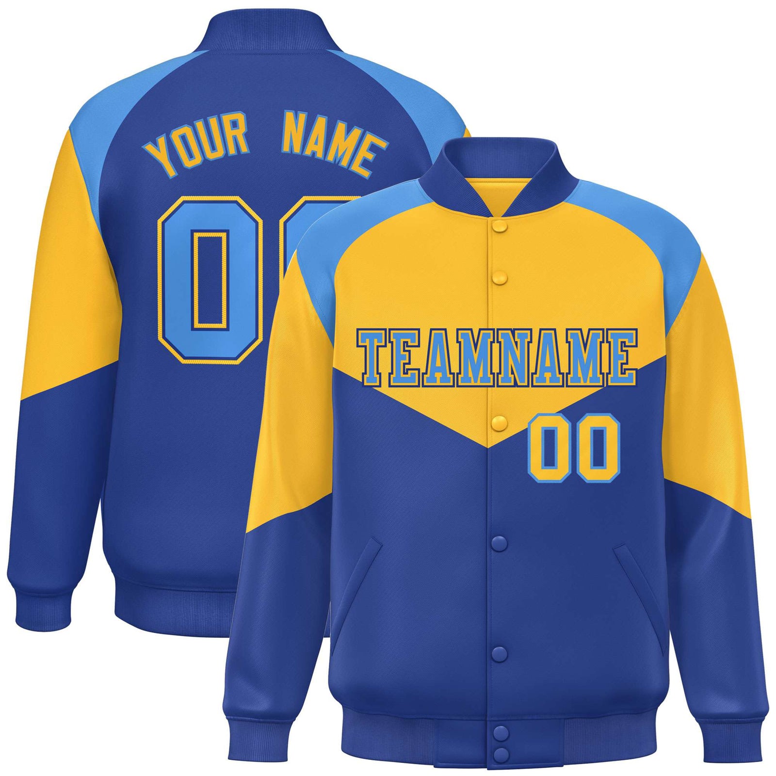 Custom Yellow Royal Blue-Powder Blue Varsity Full-Snap Color Block Letterman Jacket