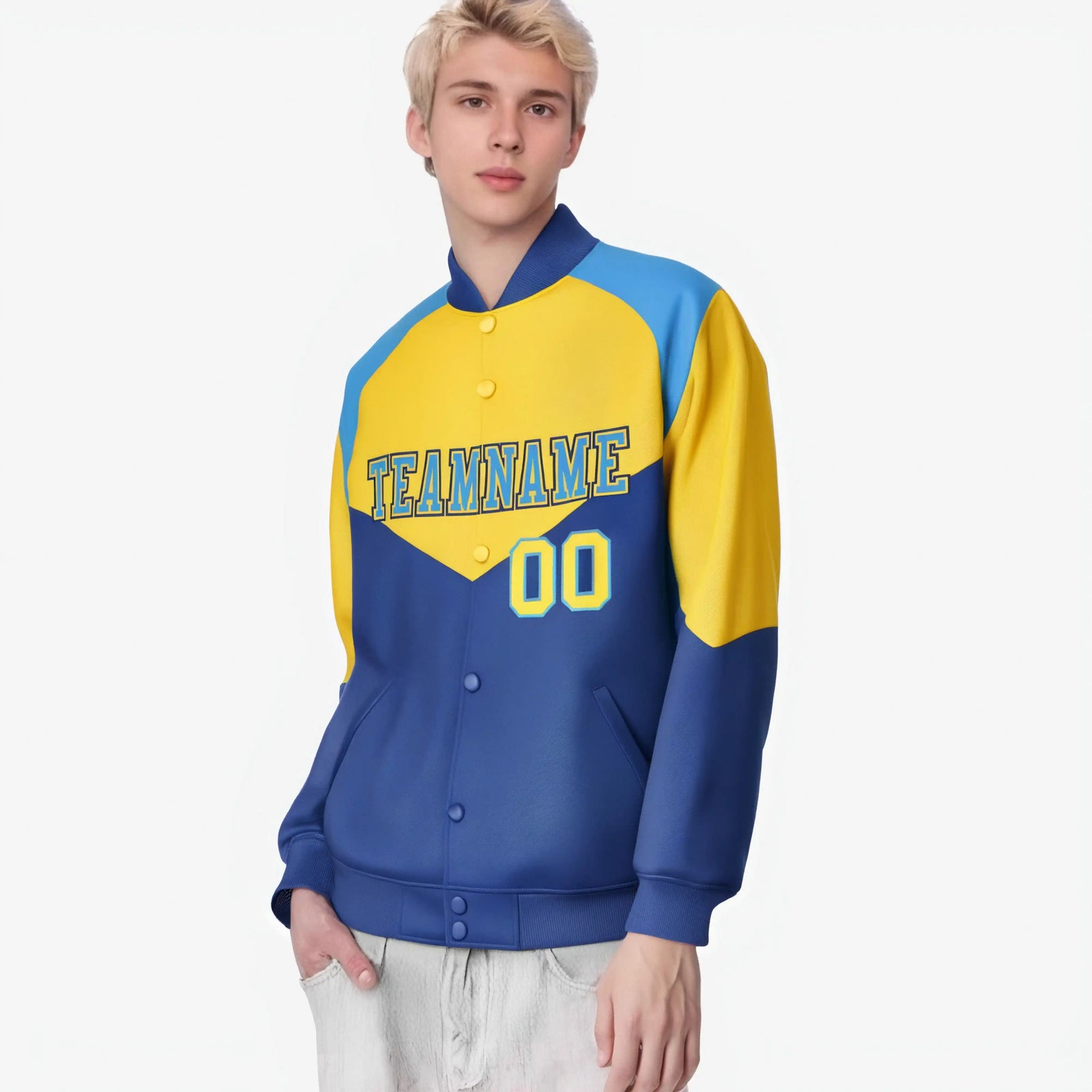Custom Yellow Royal Blue-Powder Blue Varsity Full-Snap Color Block Letterman Jacket