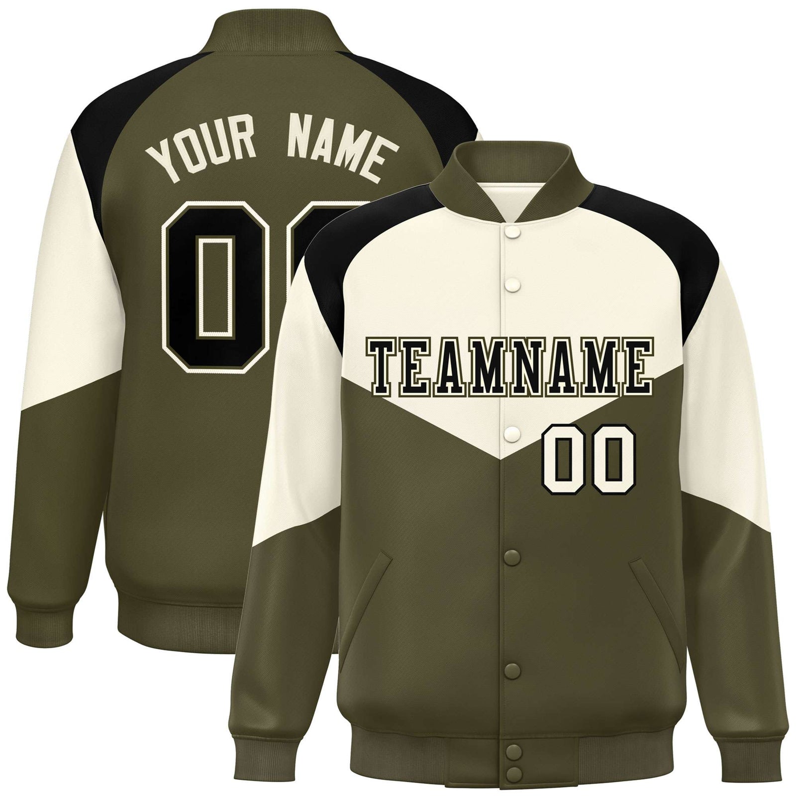 Custom Cream Olive-Black Varsity Full-Snap Color Block Letterman Jacket