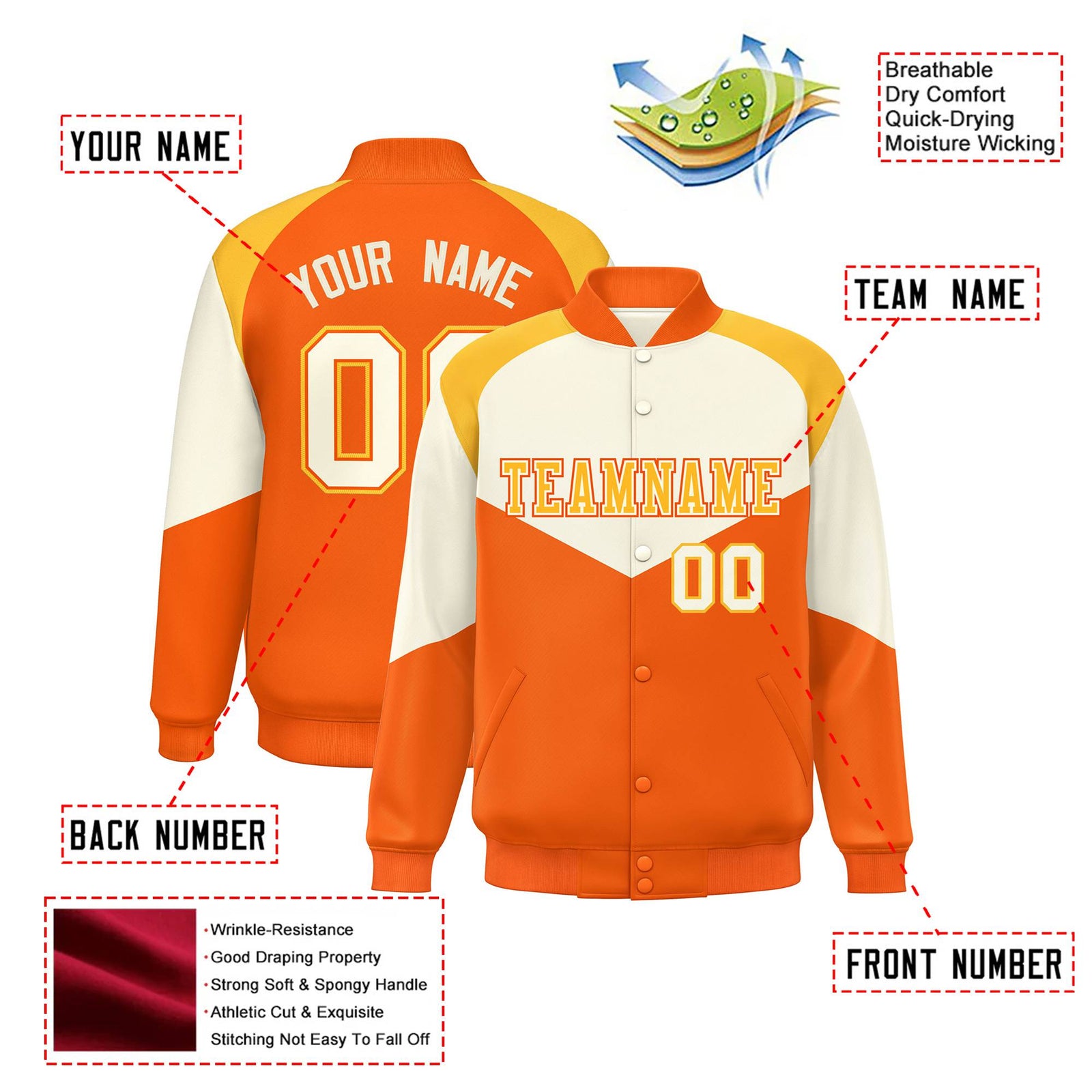 Custom Cream Orange-Gold Varsity Full-Snap Color Block Letterman Jacket