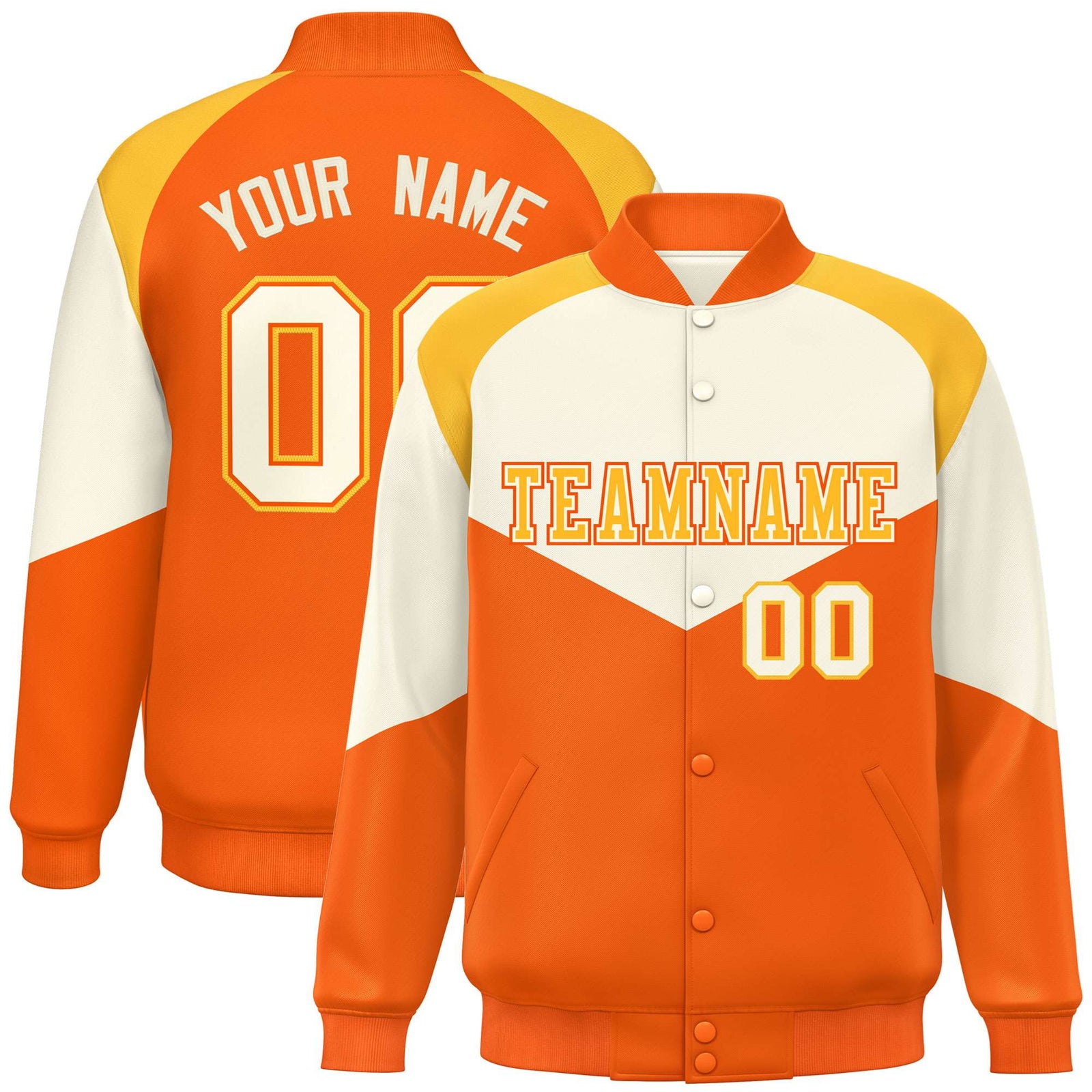 Custom Cream Orange-Gold Varsity Full-Snap Color Block Letterman Jacket