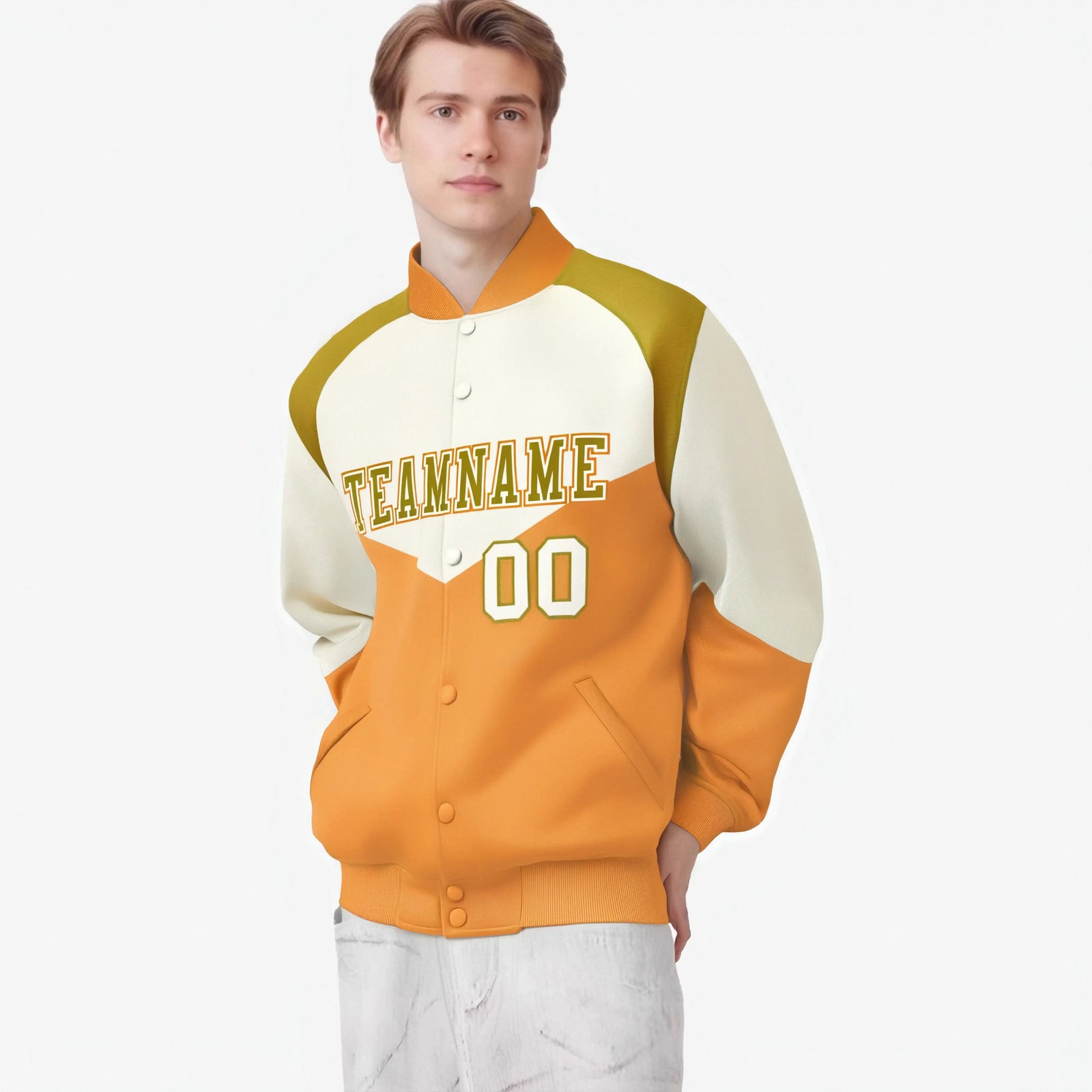 Custom Cream Yellow-Old Gold Varsity Full-Snap Color Block Letterman Jacket