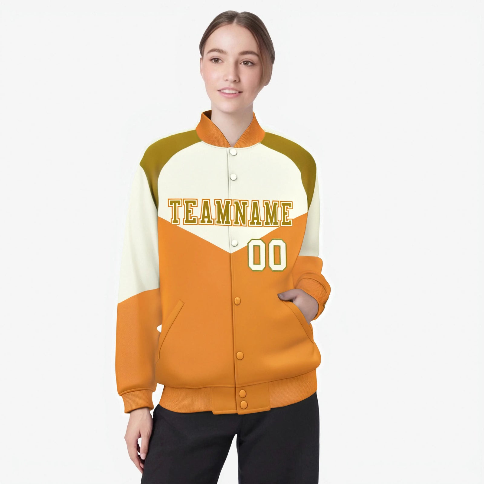 Custom Cream Yellow-Old Gold Varsity Full-Snap Color Block Letterman Jacket