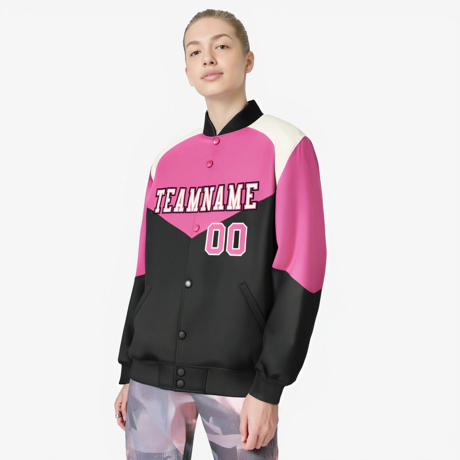 Custom Pink Black-Cream Varsity Full-Snap Color Block Letterman Jacket